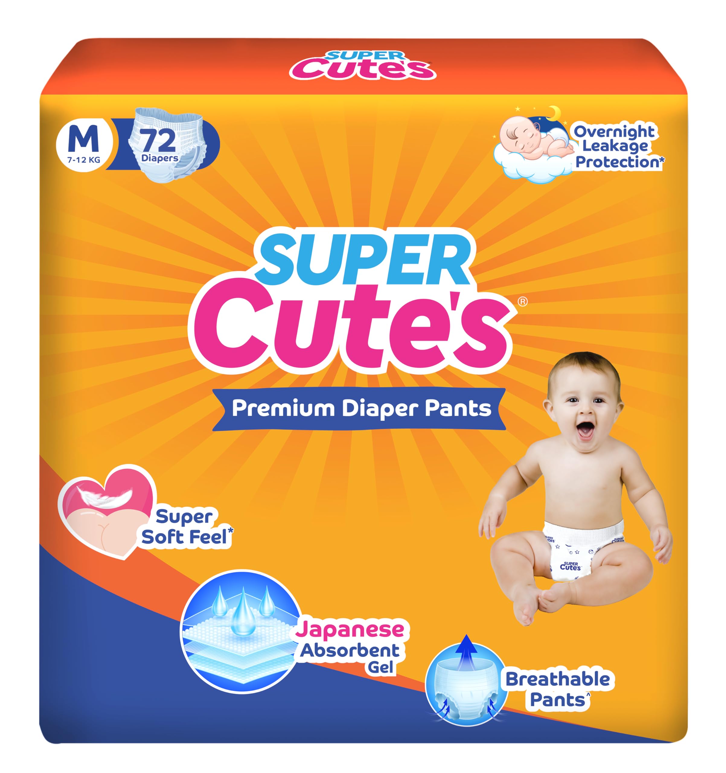 Super Cutes Premium Baby Diapers M Size, 72 Count, 7-12Kg, Super Soft and Rash Free Diaper Pants with 12 hrs Overnight Leakage Protection