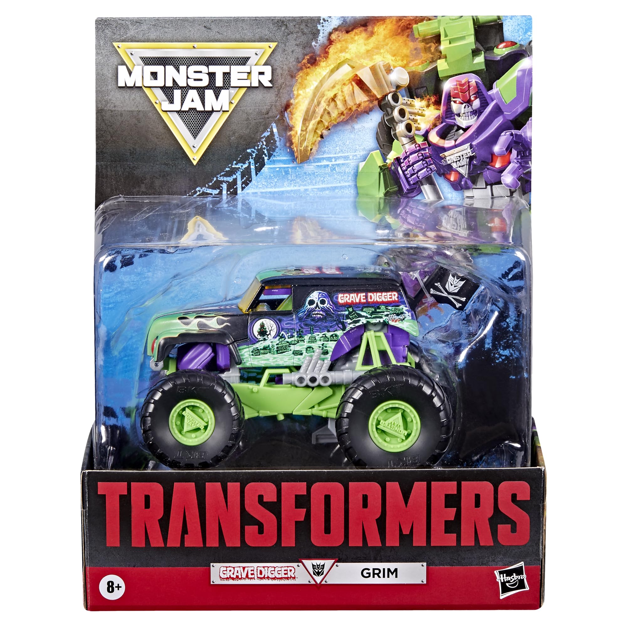 Transformers Collaborative x Monster Jam, Figurine Convertible Grave Digger (Grim) Classe Leader de 23,5 cm, Mode Monster Truck, dès 8 Ans
