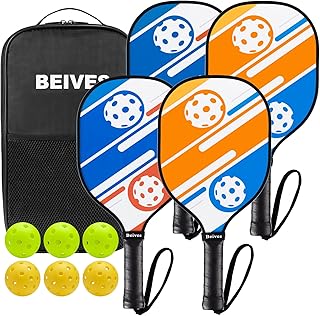 Beives Pickleball Paddles, Wood Pickleball Paddles Set 4 with 6 Balls and 1 Carry Bag, 7-ply Basswood Wooden Pickleball Rackets, Pickleball Paddle 4 Pack for Beginner with Edge Guard Cushioned Grip