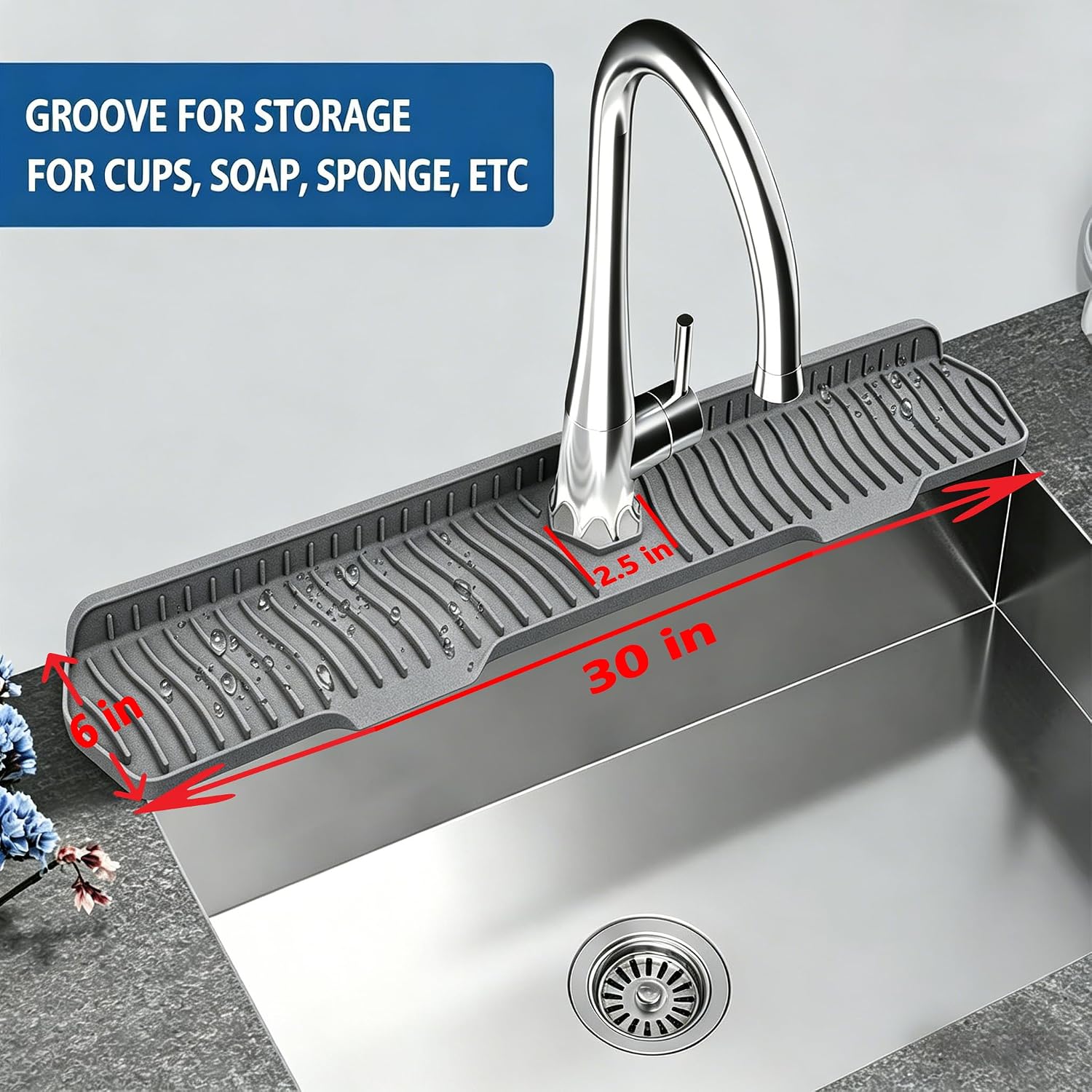 Kitchen Sink Splash Guard Gen2-30" x 6'' Silicone Sink Mat Splash Guard fit for Countertop, Bathroom,Farmhouse,RV by EBIGIC (Grey)