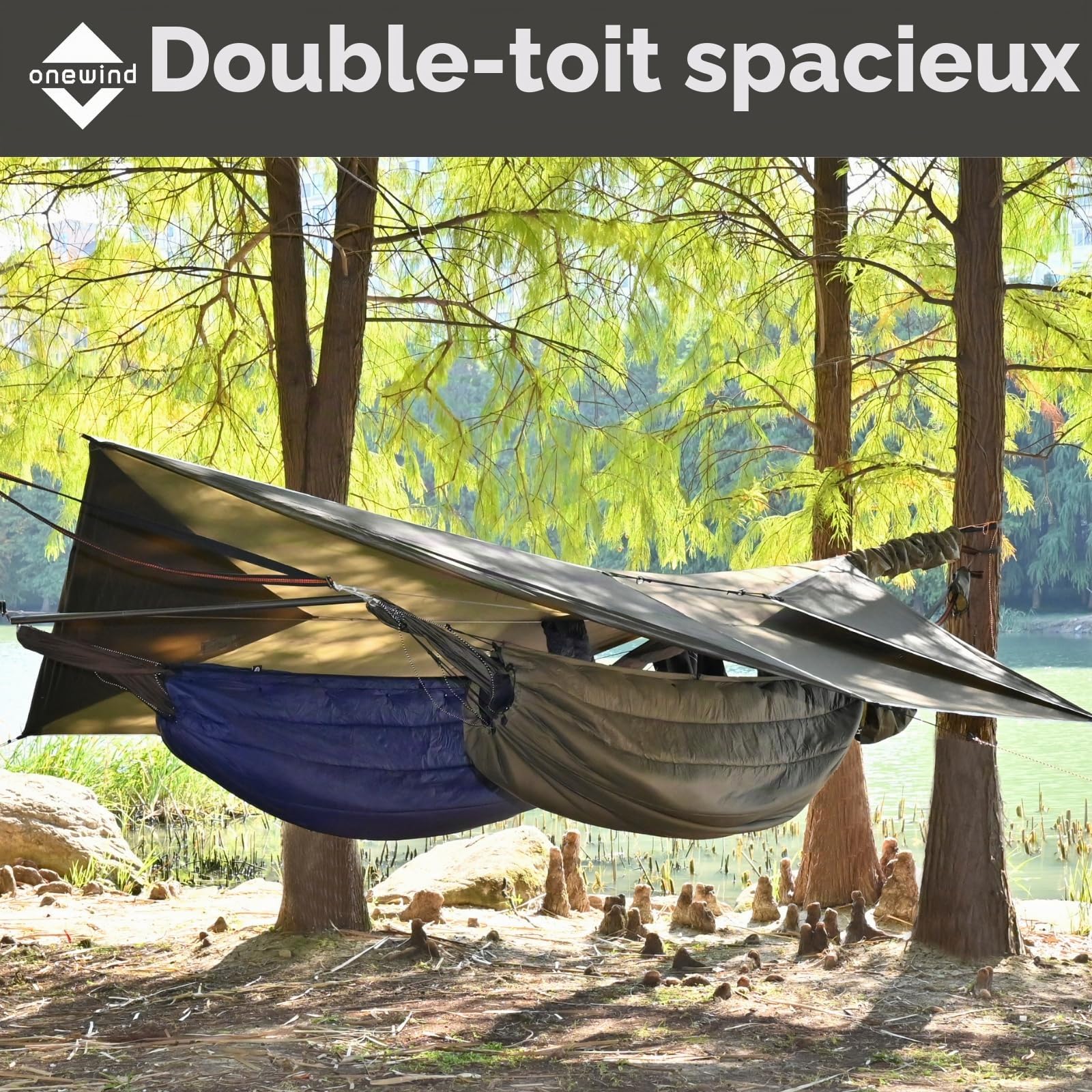 onewind Bâche de hamac de 3,7 m, légère et imperméable en silnylon, bâche de camping polyvalente avec portes et accessoires complets, facile à installer avec sac de rangement, piquets de tente, gris