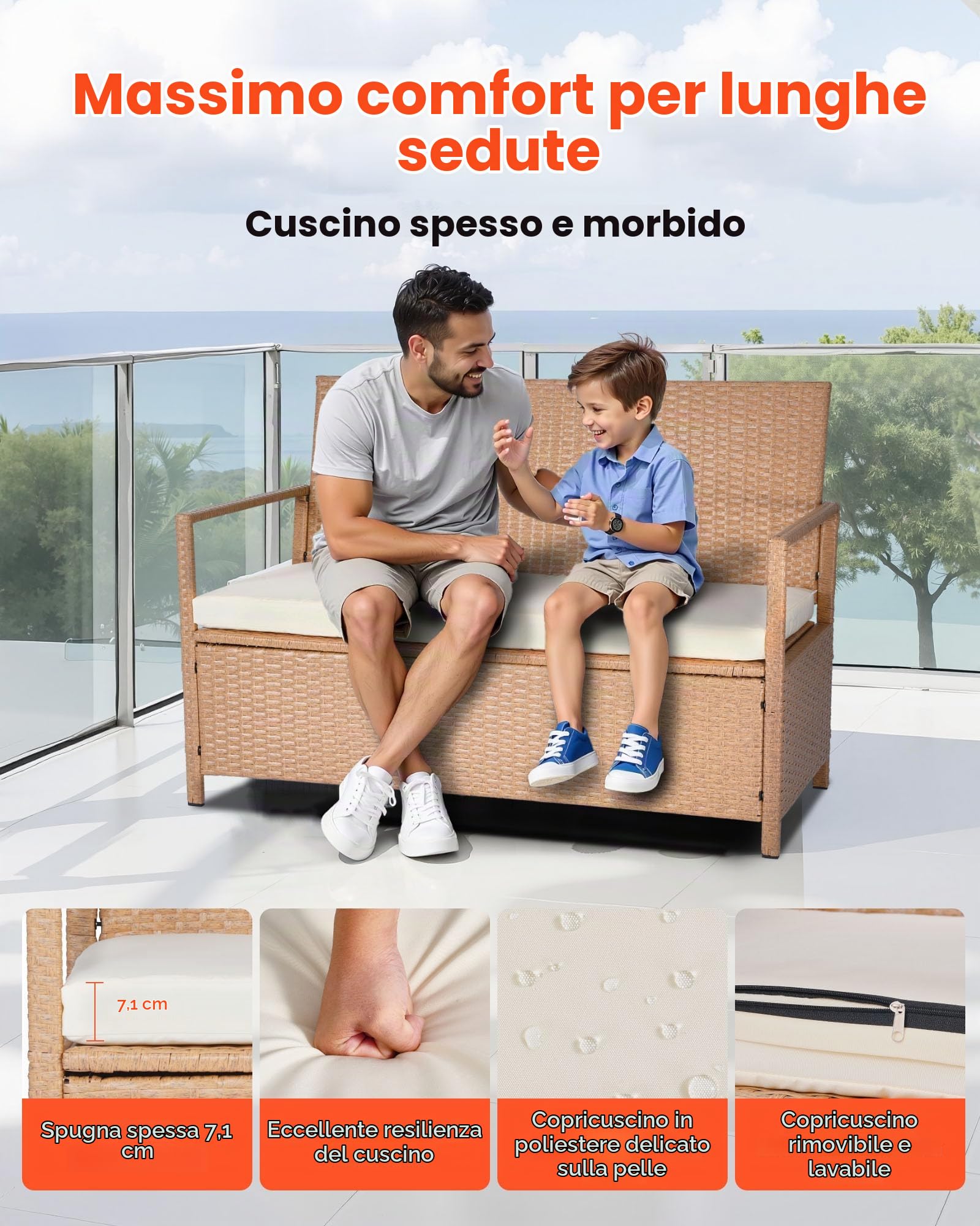 VEVOR Panca Portaoggetti da Esterno, Panca Portaoggetti in Rattan PE per 2 Persone, Contenitore con Cuscino Maniglia Laterale, Supporto max 120 kg, Seduta da Giardino Decorazione Esterna per Balcone