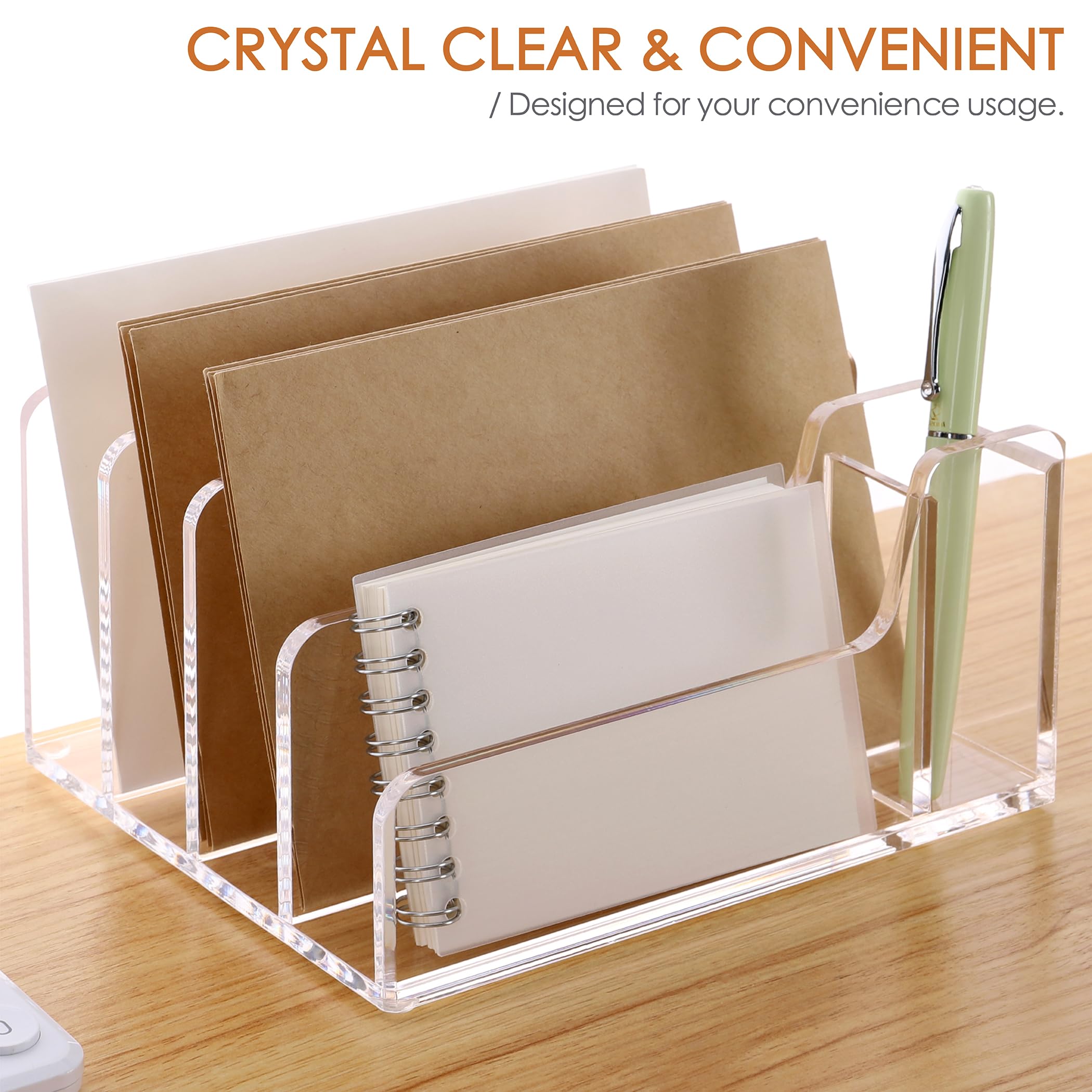 SANRUI Organizador de escritorio acrílico, 5 compartimentos con soporte para bolígrafos, clasificador de correo moderno transparente, 17,5 cm de ancho x 14,5 cm de profundidad x 9 cm de alto