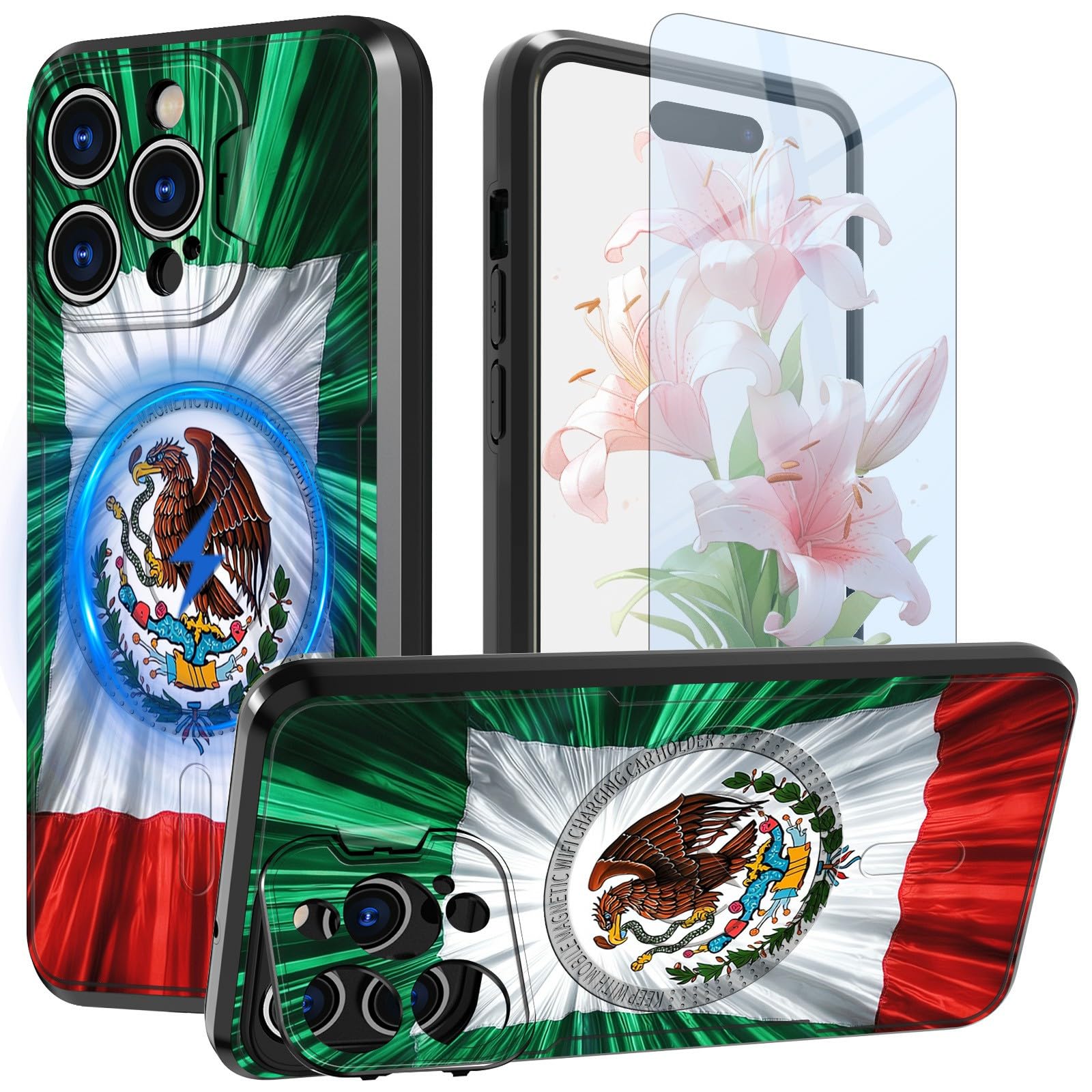 for iPhone 15 Pro Max Case 6.7" with Camera Cover Stand & Screen Protector [Built-in Magnets] Kickstand Dual Layer Hybrid Shockproof Magnetic Phone Case for iPhone 15 Pro Max,Mexico Flag
