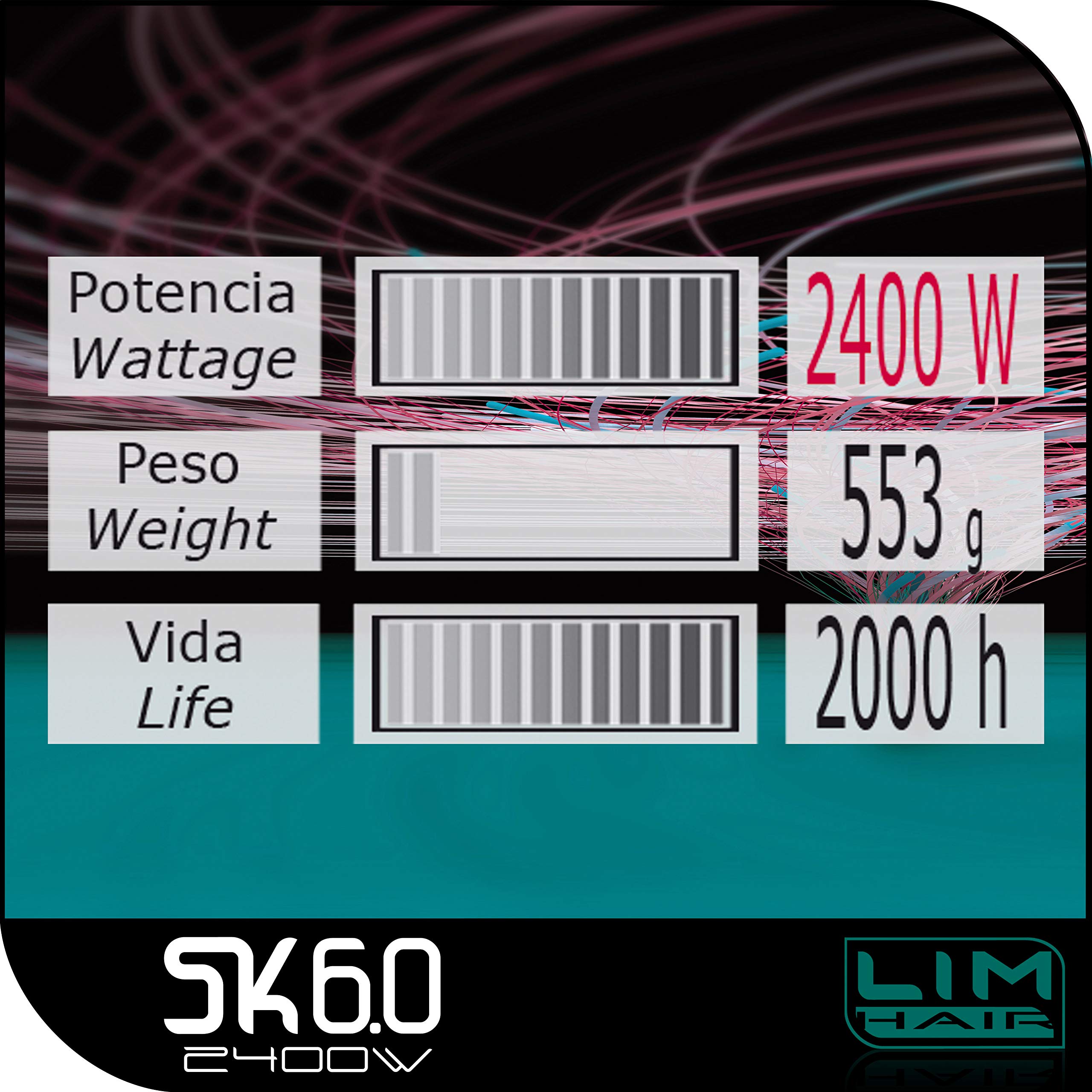 Secador de cabello LIM HAIR SK 6.0 PROFESIONAL Made in SPAIN La más alta potencia 2400 W. IONIC TOURMALINE. Extra vida en uso intensivo (NEGRO)