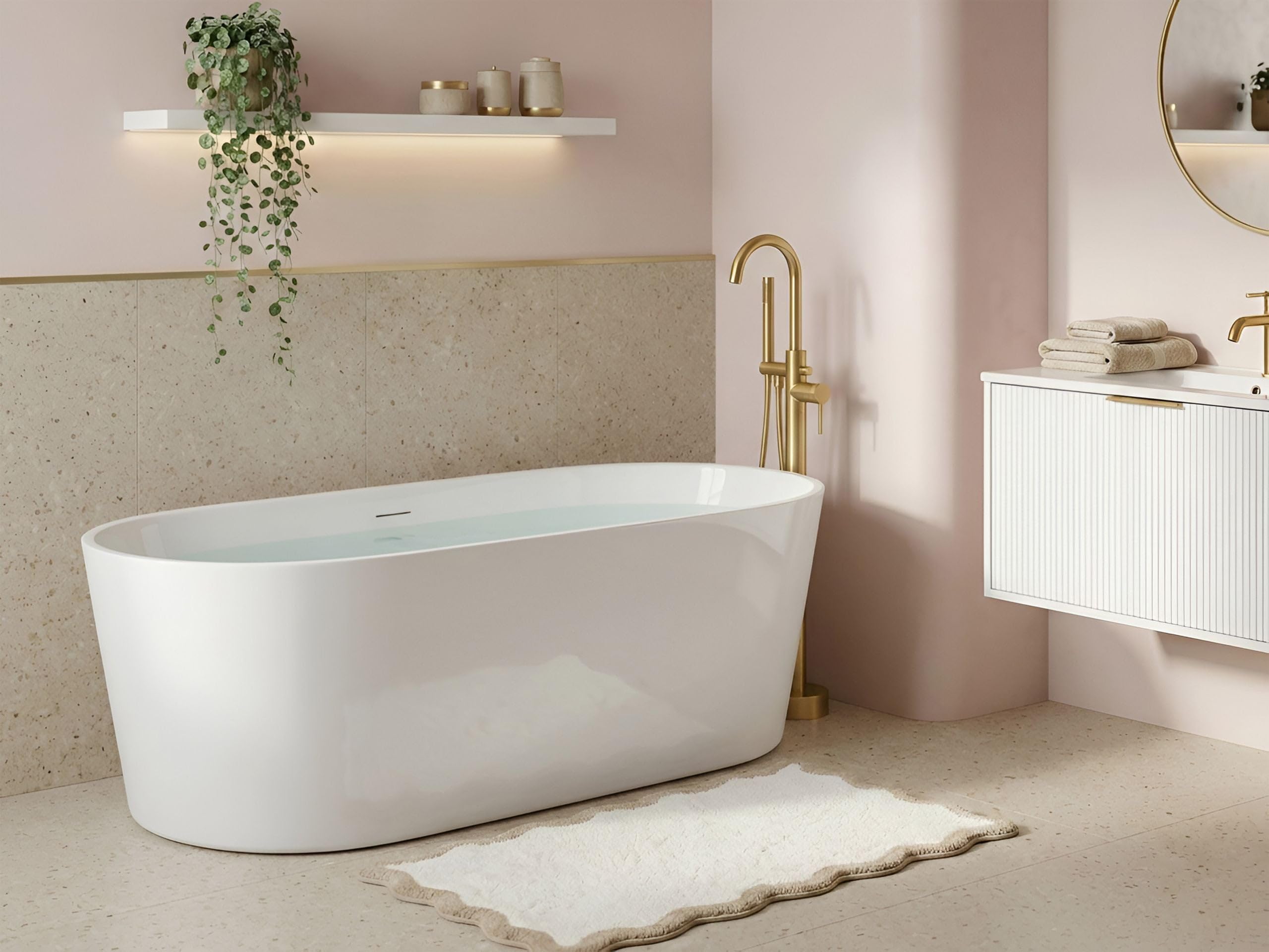 Bañera independiente moderna de acrílico forma ovalada con sistema de rebosadero 167 cm blanco Restinga