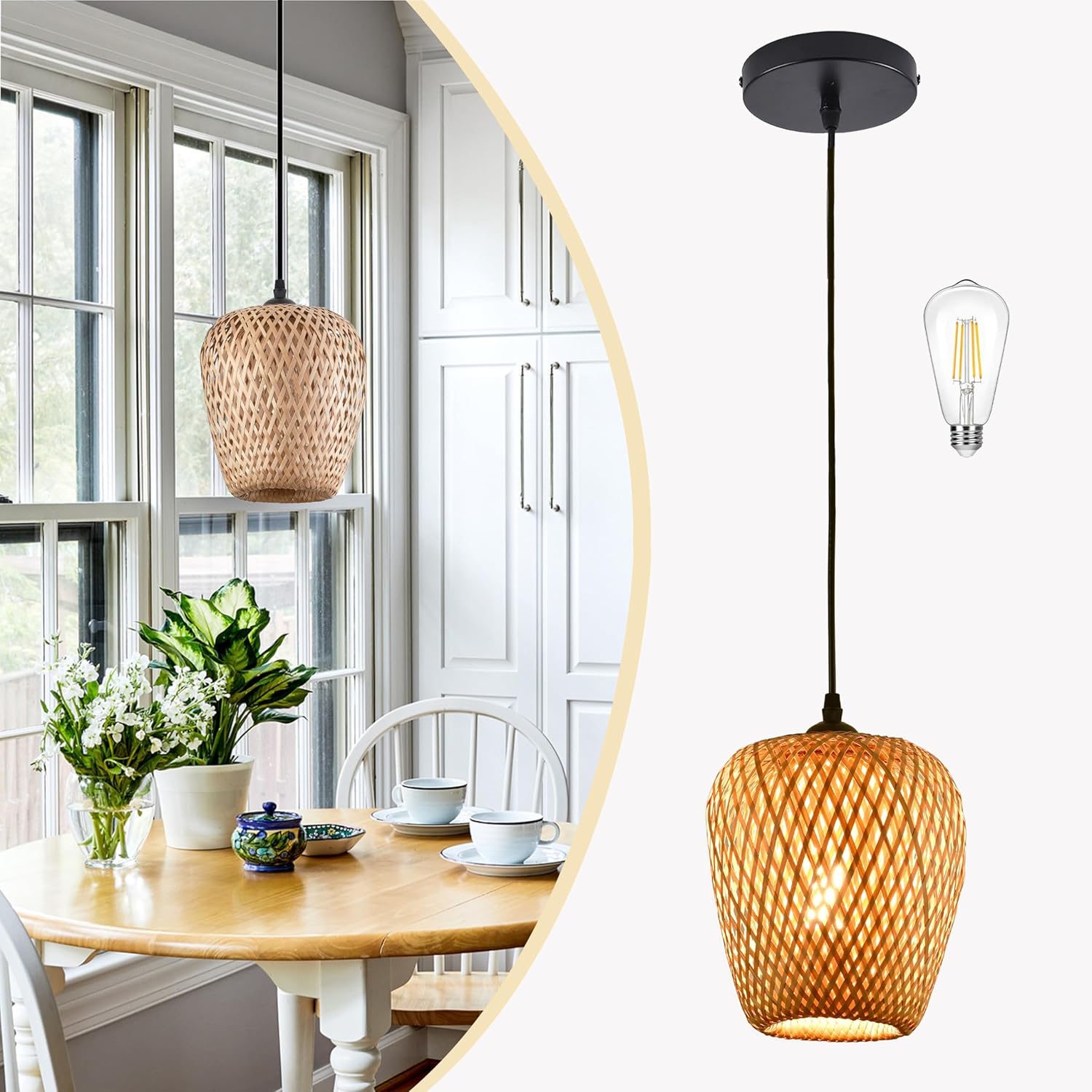Wicker Pendant Lights Bamboo Pendants Light Boho Chandelier Rattan Pendant Wicker Light Fixture Woven Pendants Lights for Kitchen Island Living Room Dining Room (Bulb Incl.) 8" Bamboo
