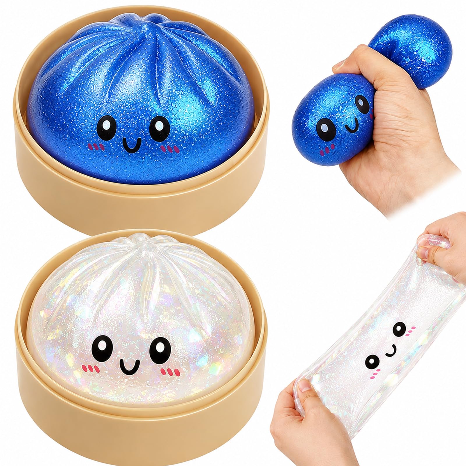 Glitter Dumpling Squishies, 2Pcs Squishy Bao Bun Dumpling Toy, Mystery Dumplings Fidget Toys Stress Relief, Cute Squishies Dumplings Stress Balls for Adults Kids Autism
