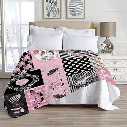 Miniatura 5 de Manta de franela de forro polar suave con collage gótico, diseño de calavera rosa, mariposa, esqueleto retro, manta de cumpleaños, ropa de cama para