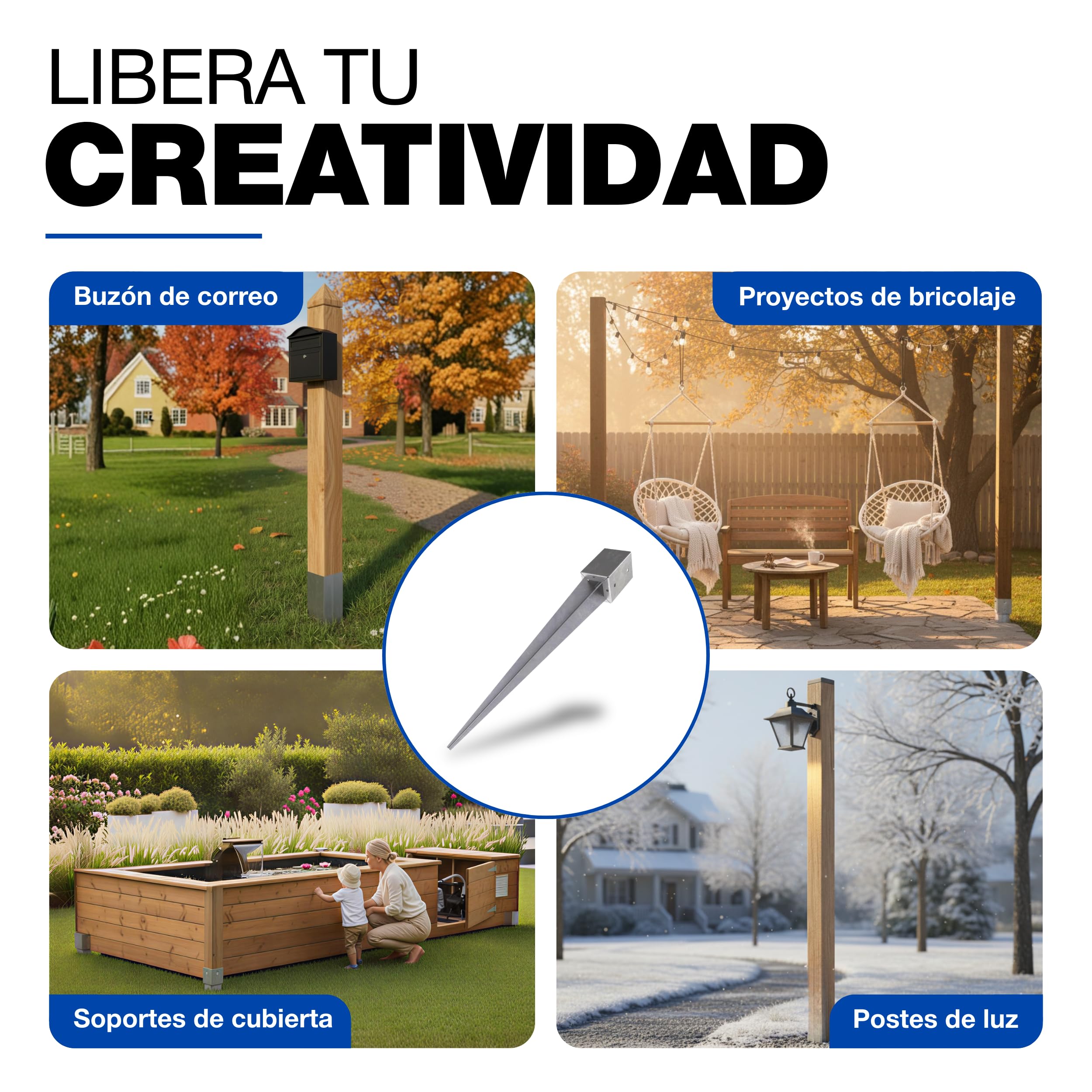 GeZu Impex Soporte para Poste 101 x 101 x 750 mm Galvanizado por Inmersión en Caliente Juego de 8 Fundas de Tierra con Punta de Anclaje para Soporte de Valla