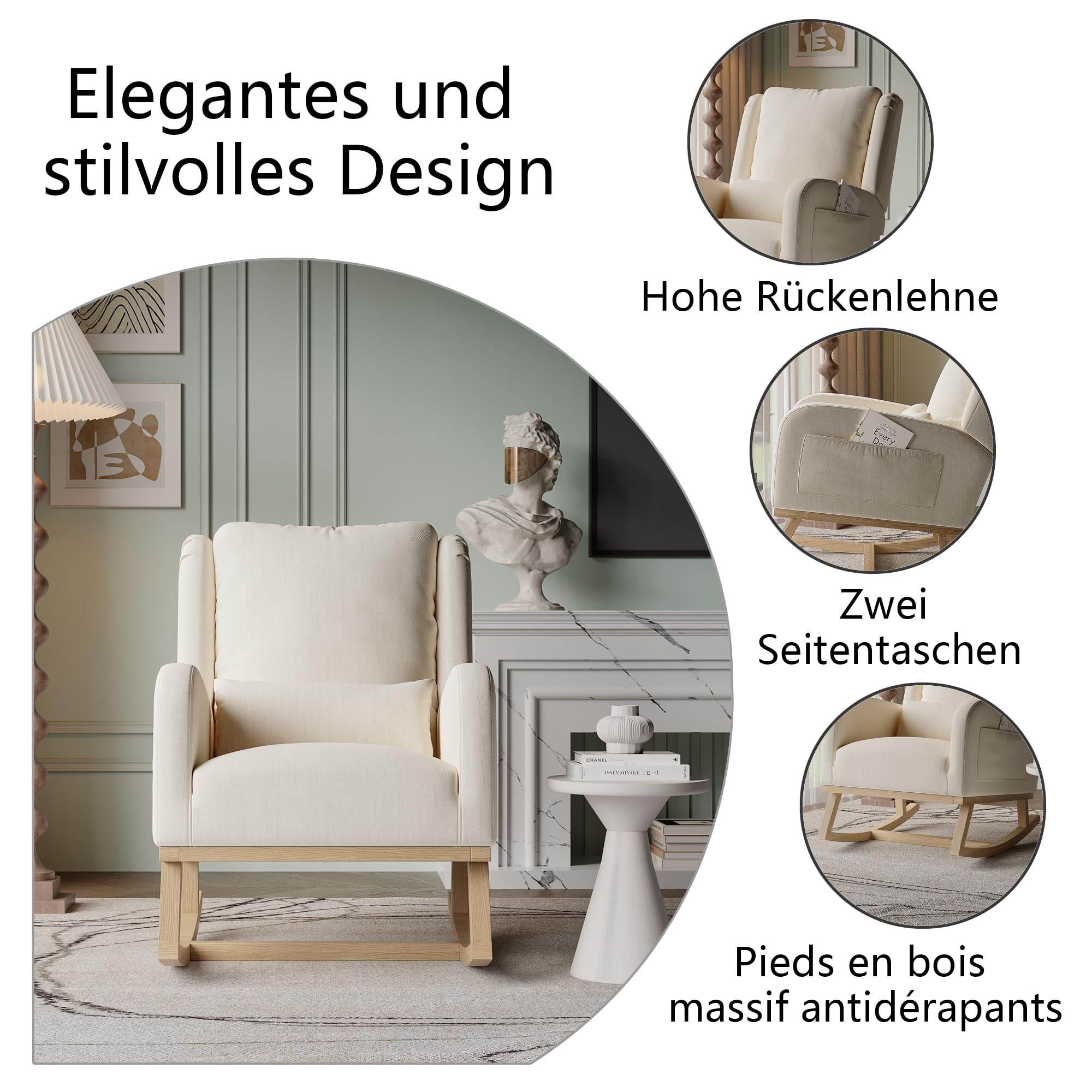 COMHOMA Schommelstoel, relaxstoel met armleuningen, oorfauteuil van teddypluche, tot 150 kg belastbaar, zonneligstoel, tuinligstoel voor slaapkamer, woonkamer, stijlvol design, beige