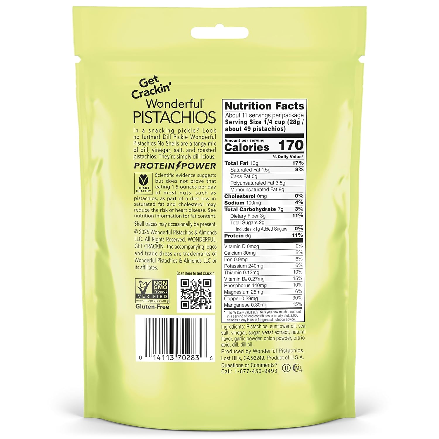 Wonderful Pistachios No Shells Dill Pickle Nuts, 11 Ounce Resealable Bag, Protein Snacks, Gluten Free, Healthy Snacks (Pack of 2)