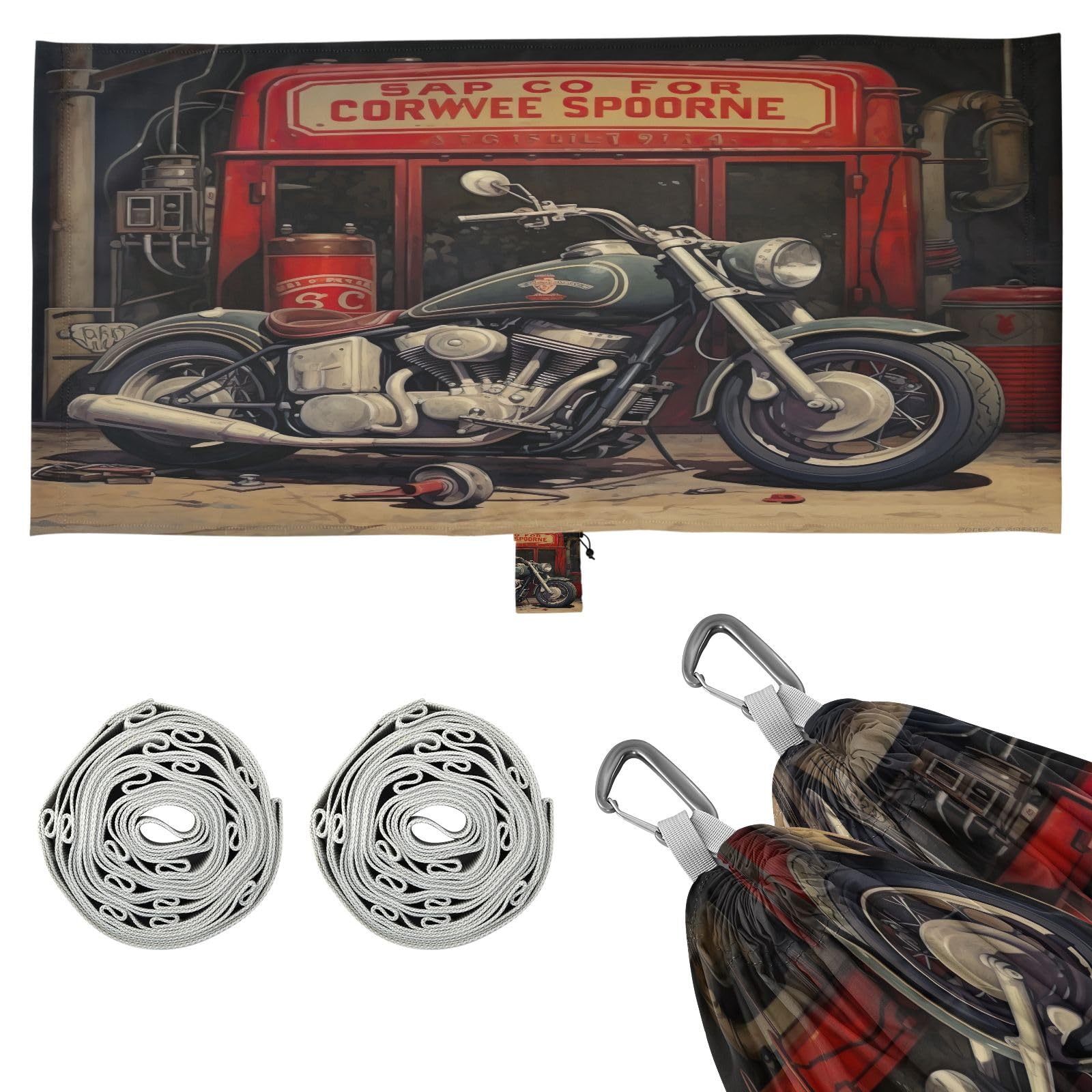 SDMKA Retro Style Motorcycle Camping Hammock, 330 lbs with 2 Tree Straps, Carry Bag, Single Portable Hammock for Outdoor/Indoor, Hiking, Beach, Backpacking, Travel