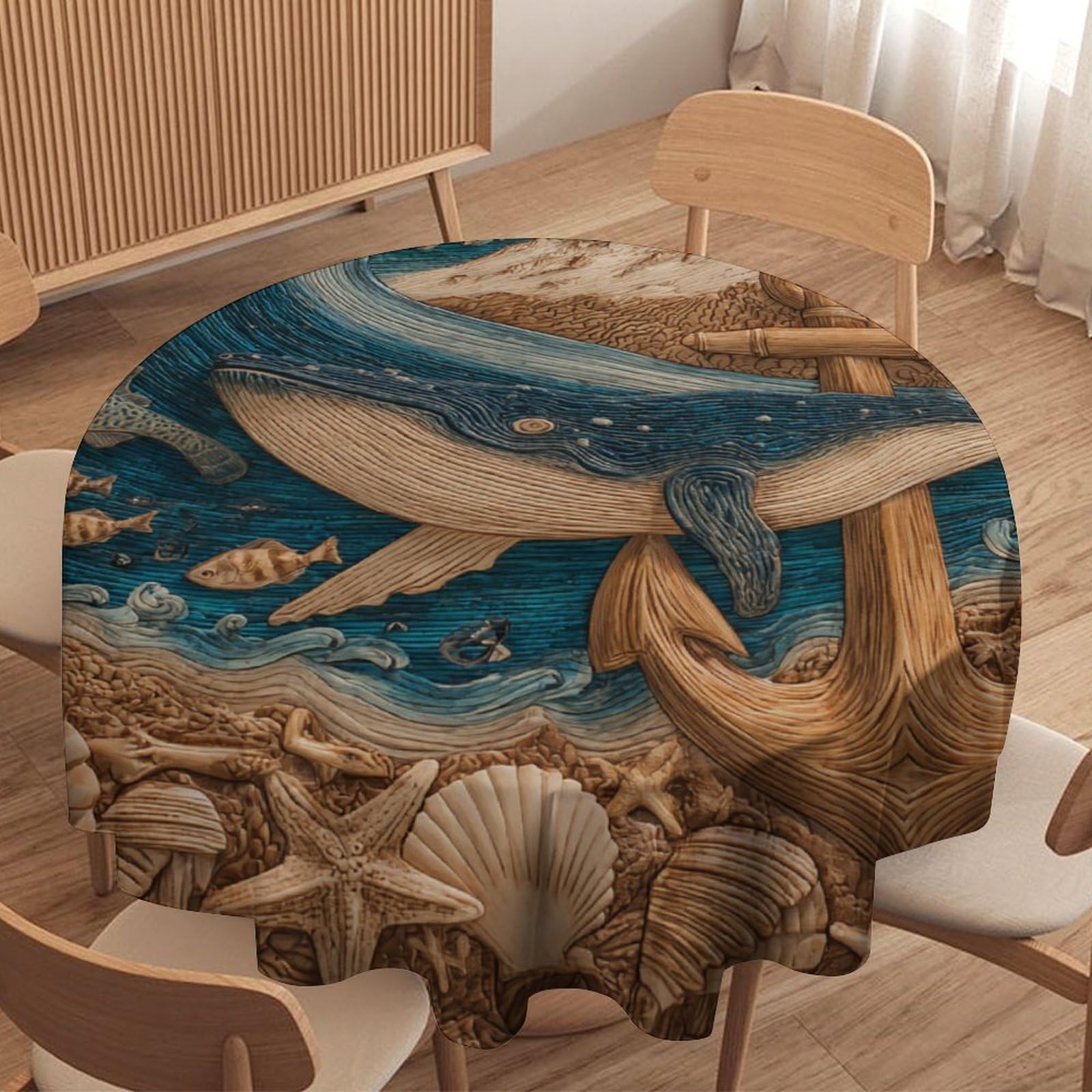 LUYYSKY Rustic Classic Fish Whale Round Tablecloth Nautical Watercolor Wooden Board Sea Animals Whale Ship Anchor Washable Decor for Table Cover for Kitchen-177.8" Wx177.8 L cm