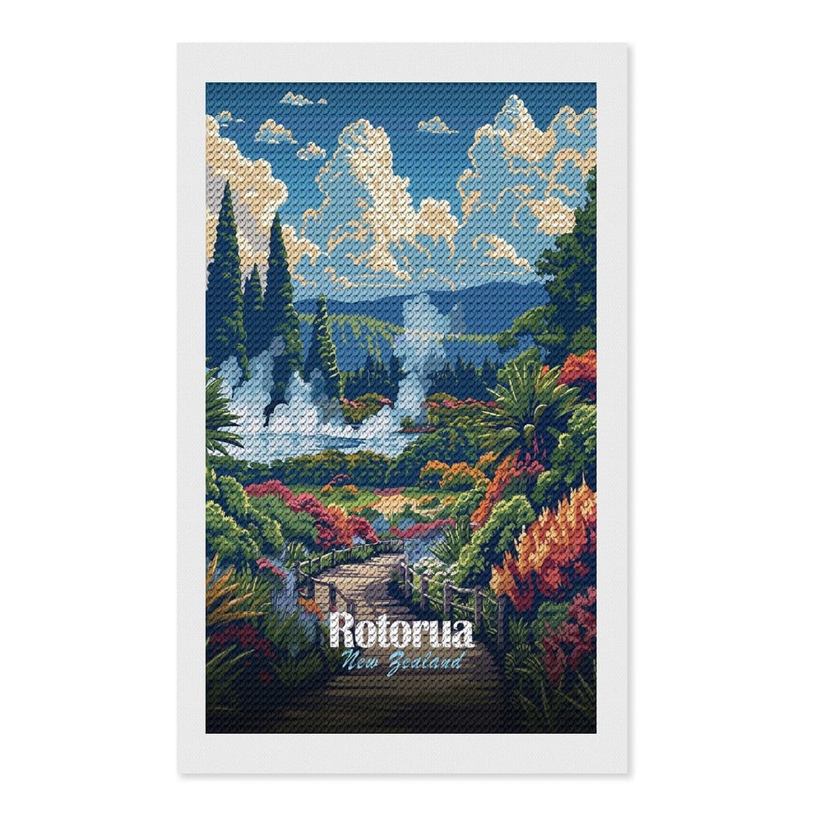 Junmoney Rotorua New Zealand Landscape Art Diamond Art Kit 12"x20", Vintage Style Decor, Stress Relief Craft, Decor Project, Relaxing DIY, Creative Hobby