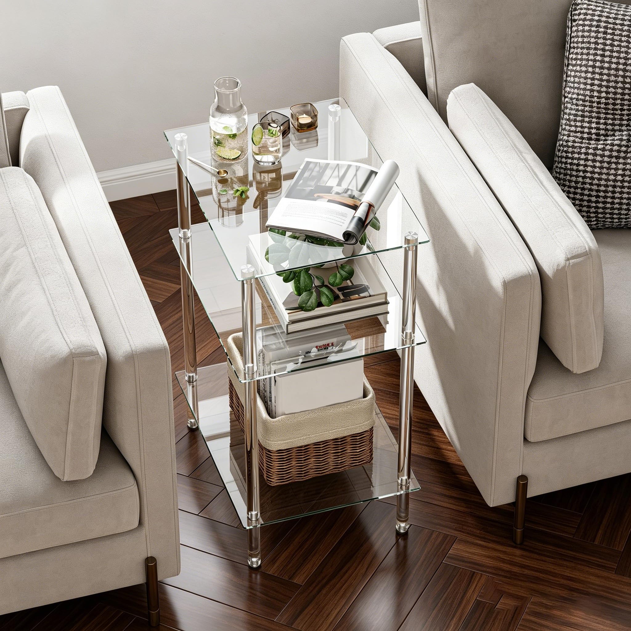 Mesa de Centro Cuadrada Mesa de Cristal Transparente con 3 Niveles Mesas Auxiliares para Salon y Dormitorio Diseño Elegante LET519TR
