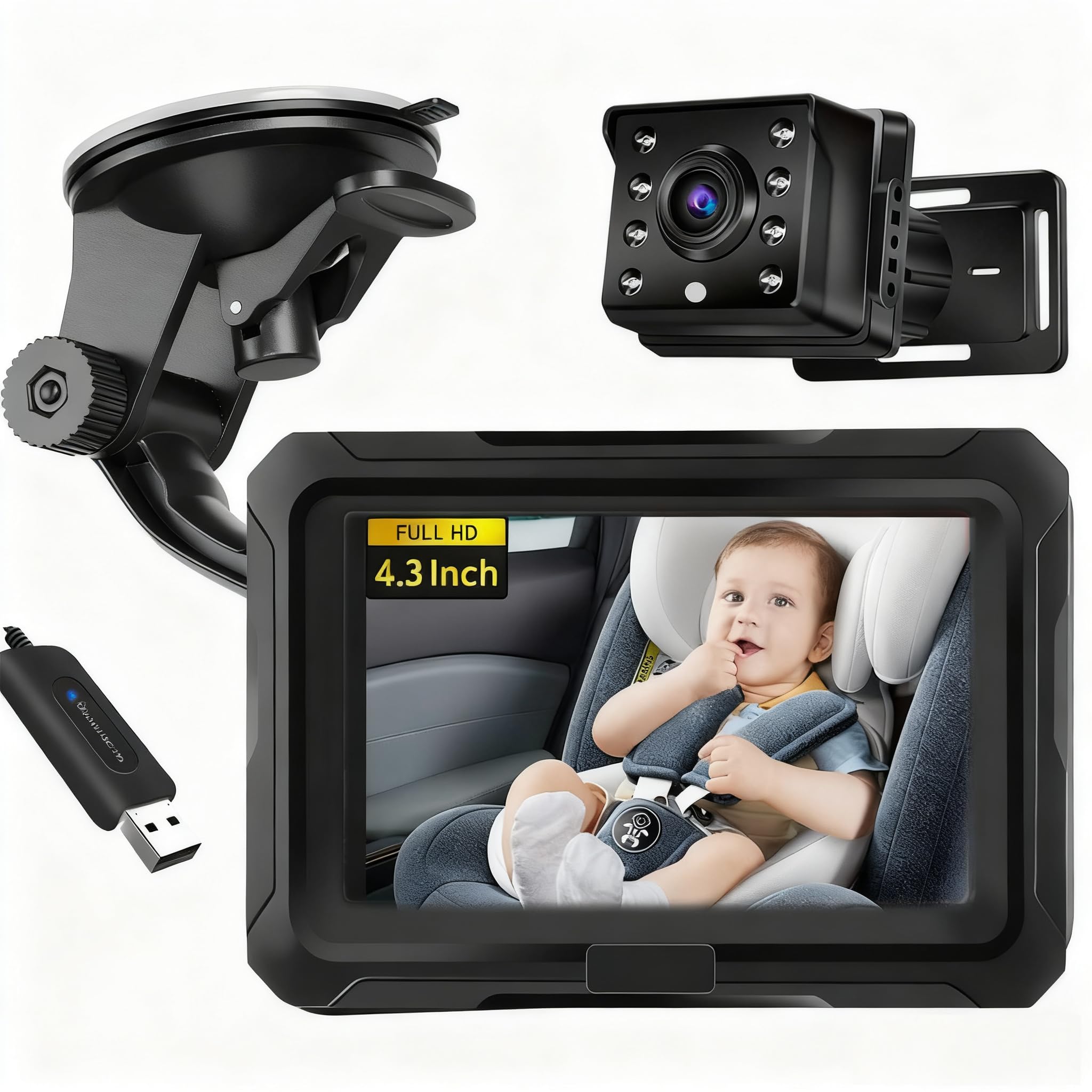 CLT-805 - Specchio per auto per bambini con display HD 4.3 HD, telecamera di sicurezza per seggiolino auto con ampia visione cristallina, osserva facilmente i movimenti del bambino (non USB)