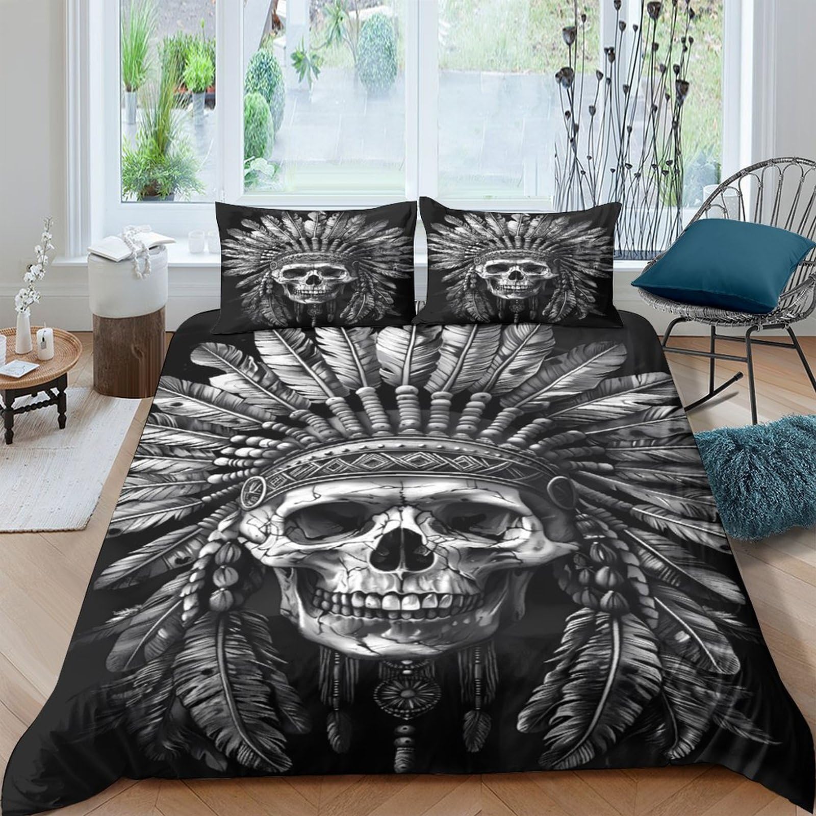 Ctjqhvkz Style-5 3D Printed Skull Feather Fitted Sheet Microfiber Soft Black Headdress Bed Cover For Bedroom Dorm Mattress Protection Decor Single（135X200cm）
