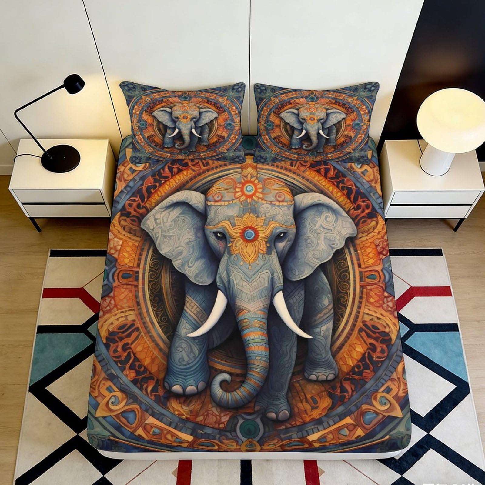 3D Printed Elephant Pattern Fitted Sheet Microfiber Soft Breathable Ornate Mandala Bed Cover for Bedroom Dormitory Guest Room Mattress Protection 90x200x25cm