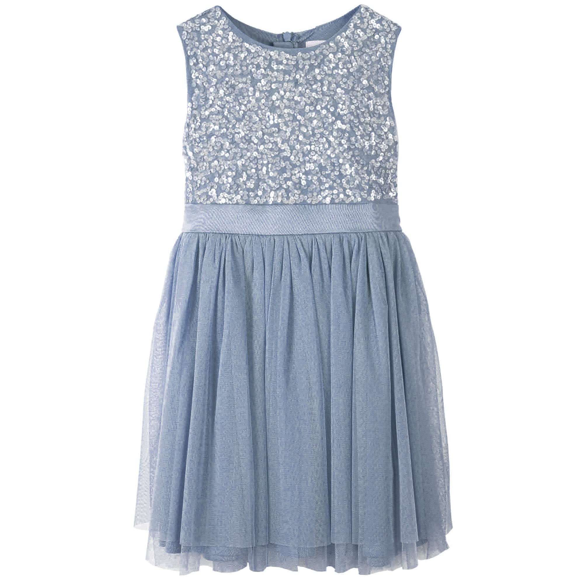 Maya Deluxe Girl's Midi for Girls Sequins Embellished Party Tutu Bridesmaids Wedding With Belt Bow Dress, Dusty Blue, 7-8 Years UK