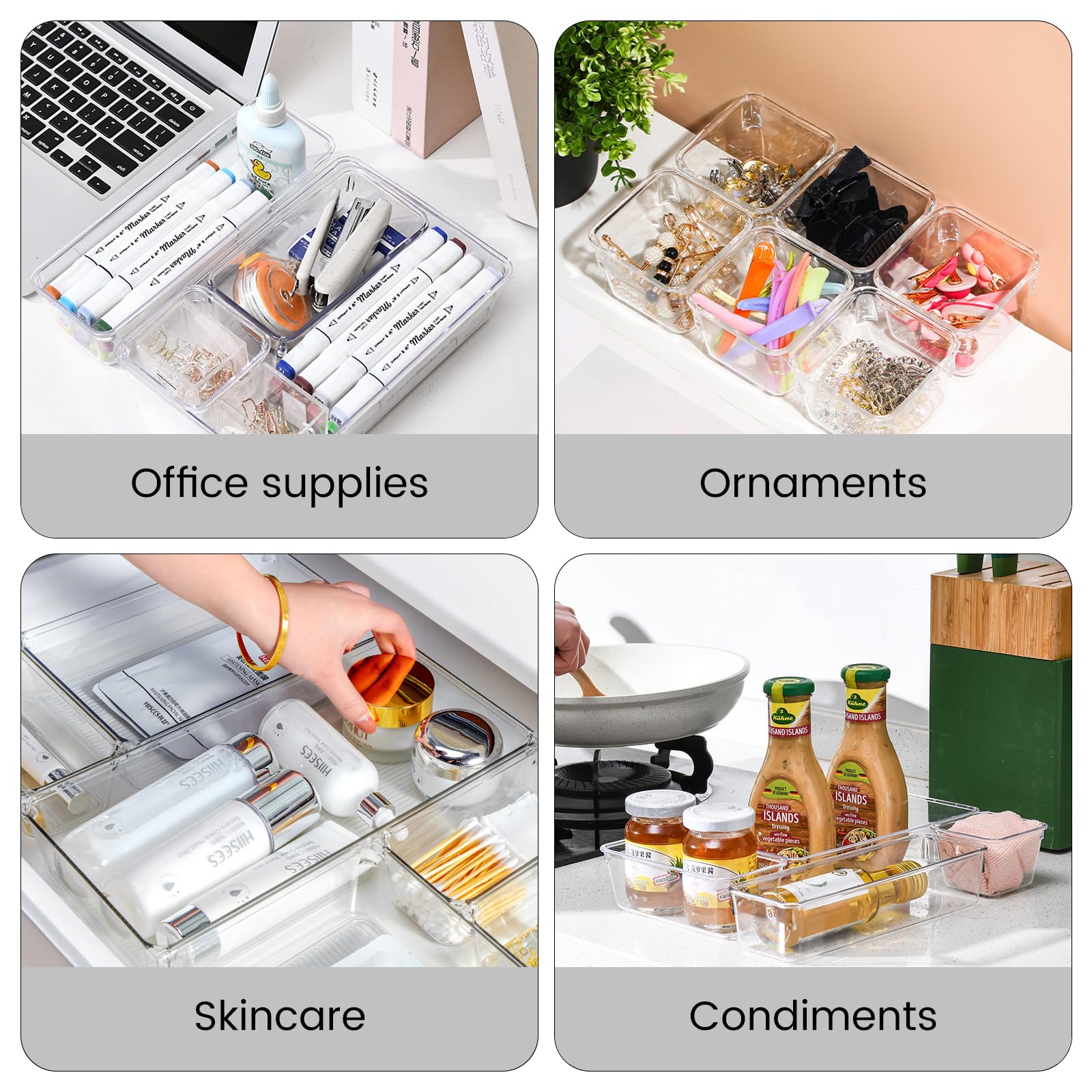 Criusia Organizer Per Cassetti - Confezione Da 12 In Plastica Trasparente Con 4 Misure. Perfetti Per Cucina, Bagno, Ufficio, Trucchi E Gioielli.