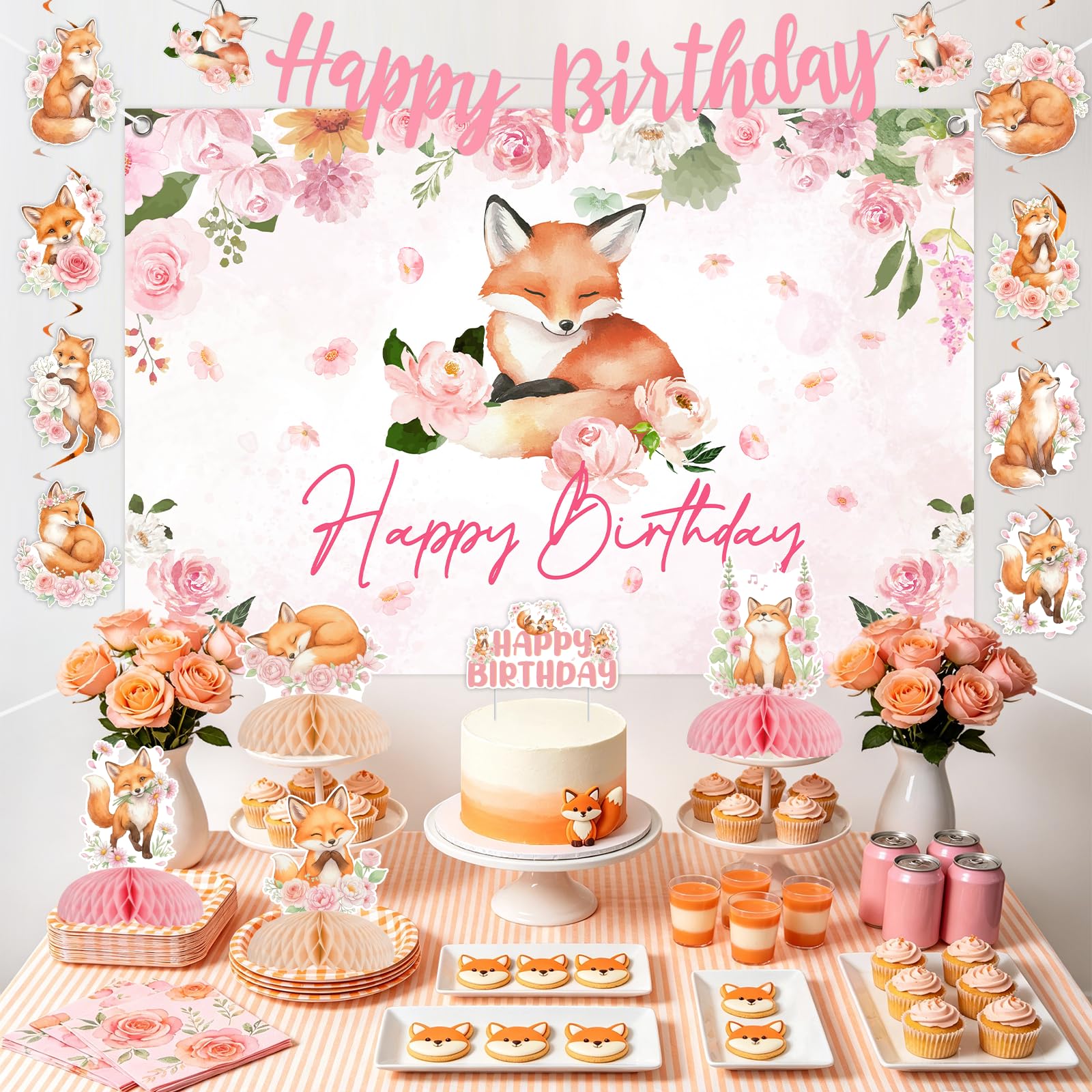 Kit di decorazioni per feste di compleanno con volpe floreale