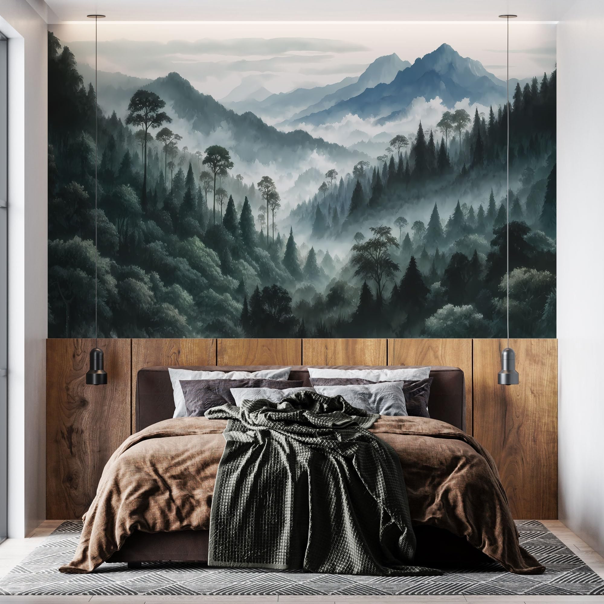Tapete Nebliger Wald 366x254cm - Vliestapete Kiefernwald Mit Nebel Für Wohnzimmer & Schlafzimmer