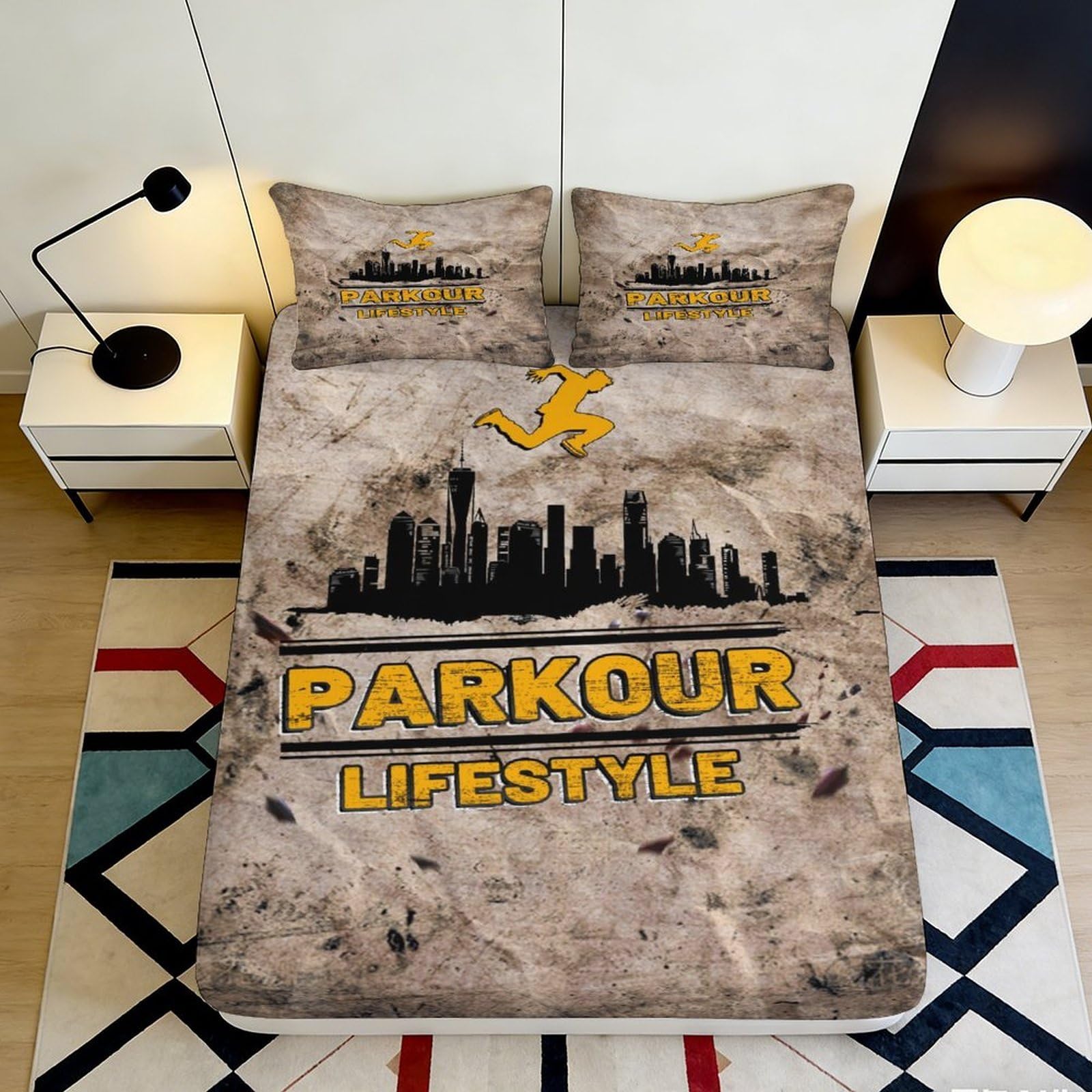 3D Printed Parkour Cityscape Fitted Sheet Microfiber Non-Slip Urban Silhouette Mattress Cover for Bedroom Guestroom Easy Care 90x200x25cm