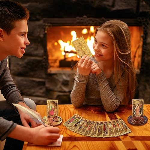 Miniatura 6 de Tarjetas de tarot con libro guía, juego de 80 cartas de tarot doradas con 4 portatarjetas de tarot de madera, cubierta de tarot impermeablejuego de
