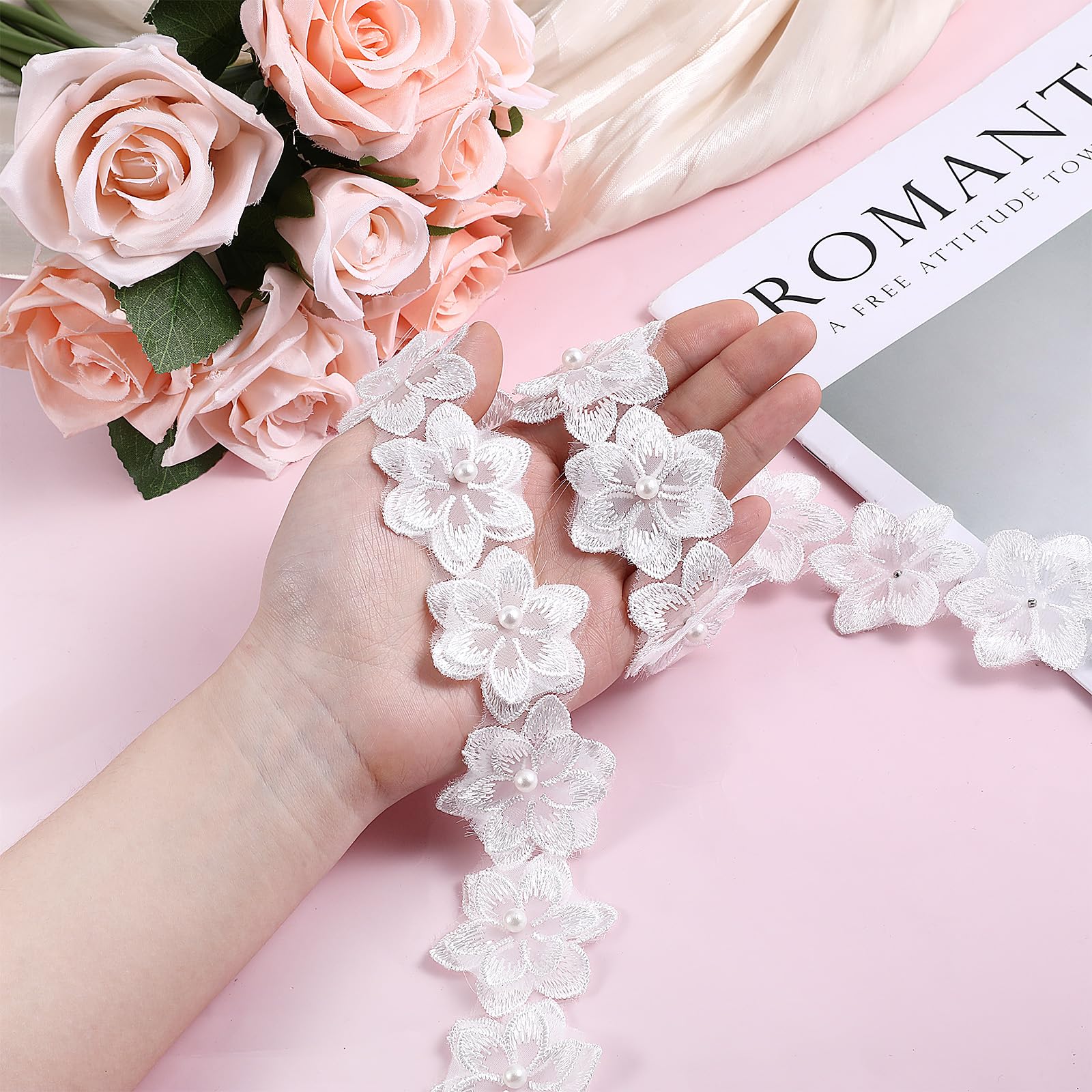 マミング様　 SOFT LACE FLOWER ROMPERS M 新品 Organza Flower Trim 2 Yards Lace Edge Trim Ribbon, 3D Pearl Beads