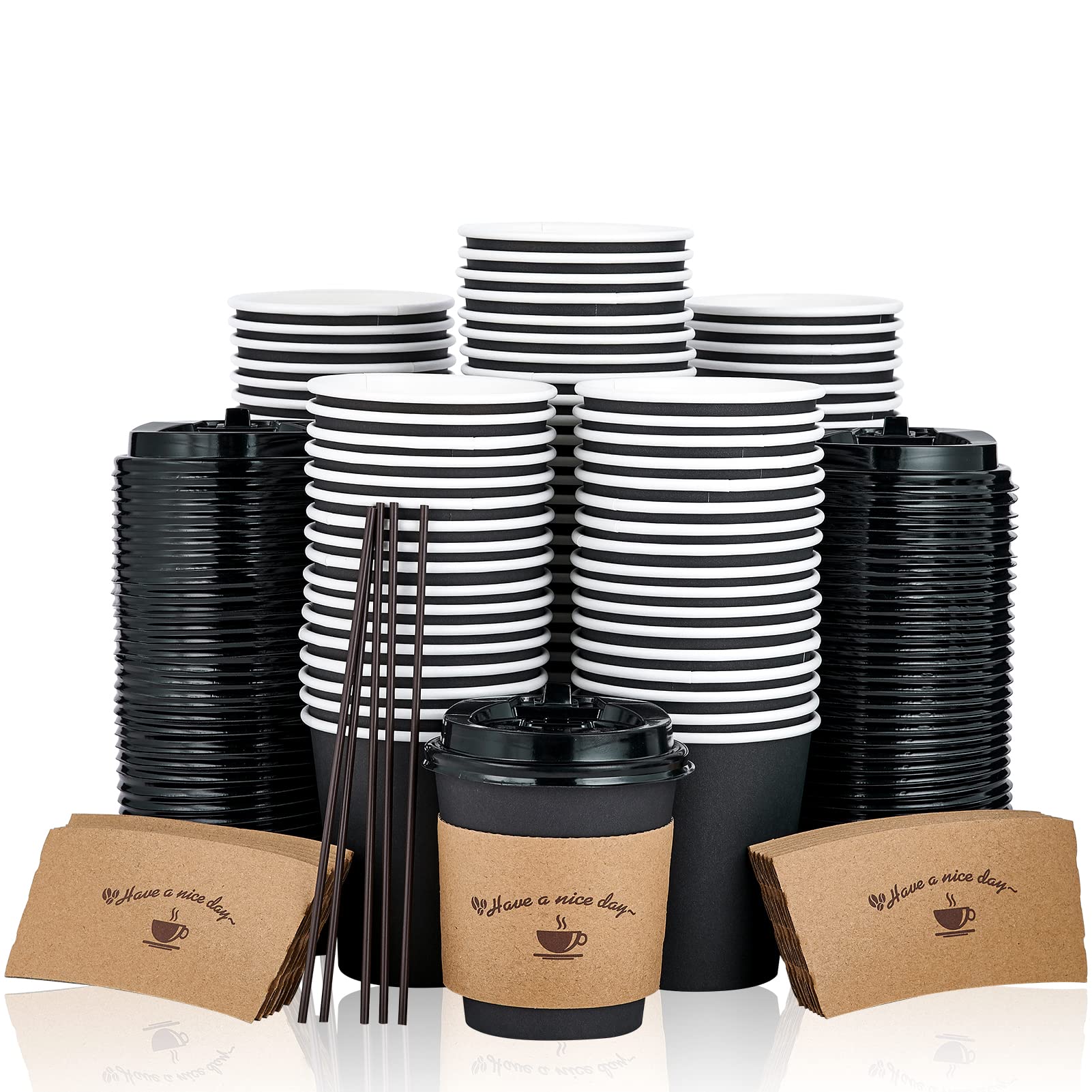 Photo 1 of 100 Pack 10 oz Paper Coffee Cups, Drinking Cups for Cold/Hot Coffee Chocolate Drinks, Disposable Coffee Cups with Lids, Sleeves and Stirring Sticks. Black Hot Coffee Cups for Home, Stores and Cafes. Black-10oz