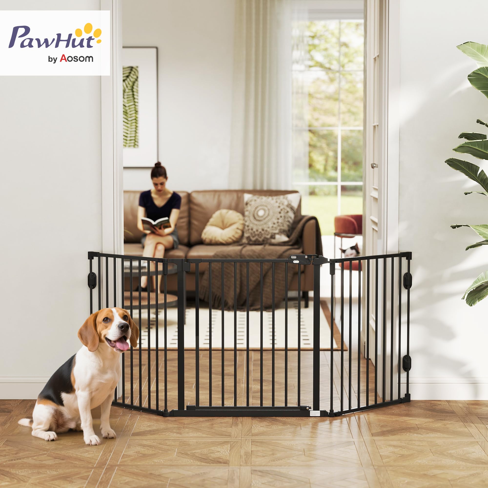 PawHut Barrera de Seguridad para Perros 202,5 cm Valla para Perros Plegable Rejilla de Protección de Chimenea con Puerta Auto Cierre para Escalera Pasillo Negro