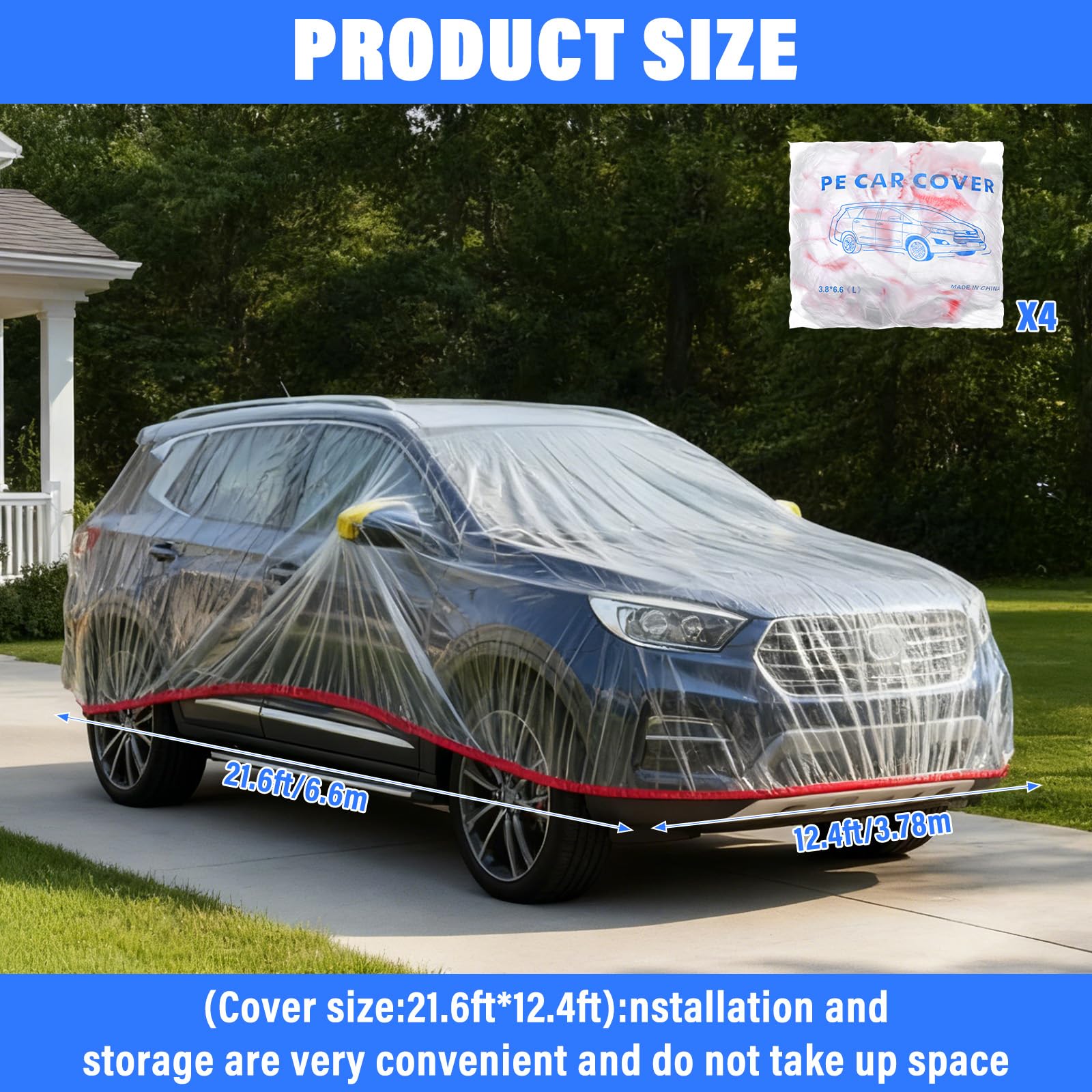 4 Pack Disposable Car Cover Clear Plastic Car Cover Universal Rain Dust Garage Covers with Elastic Band Medium — view 2