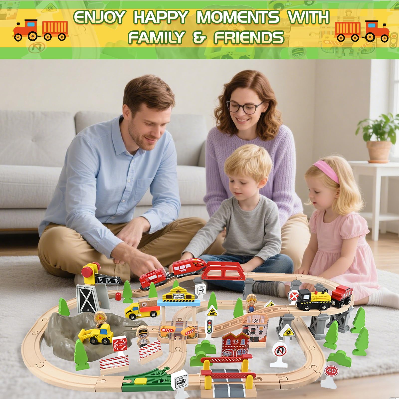 HERMORRYSS Tren de Madera para Niños, 100 Piezas Vías de Tren de Madera y Juguetes de TrenS, TrenS Eléctrico, Ferrocarril de Ingeniería con Grúa Magnética, Figuras, Regalo para Niños y Niña de 3+ Años