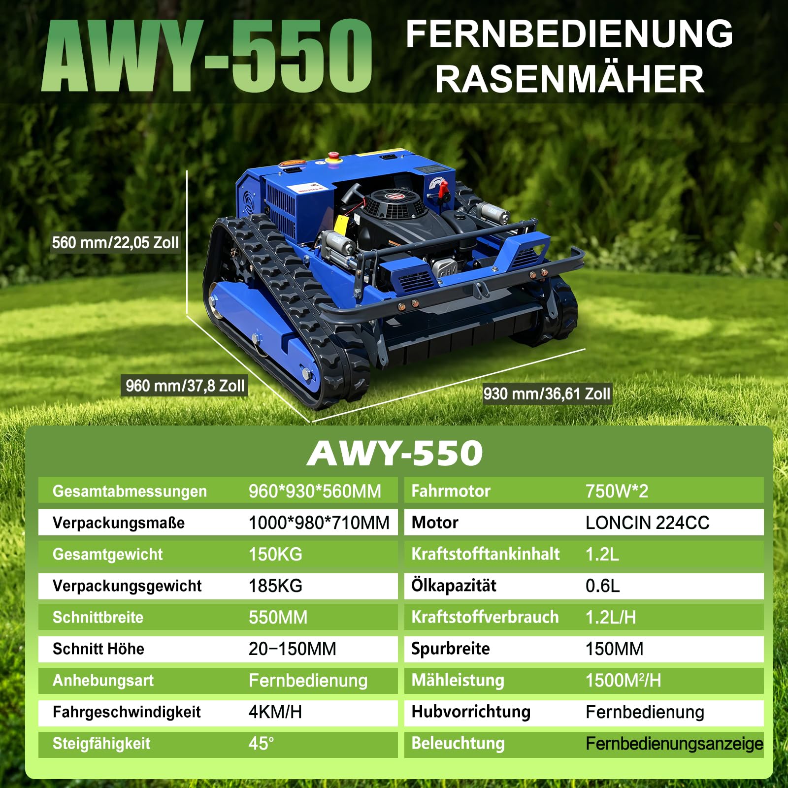 Tondeuse tout-terrain RC - 9 CV essence 55 cm pente 45° lame remboyant 1600W brushless zéro cycle de rotation - cour, plantation de fruits, herbe dense - tondeuse à chenilles professionnelle