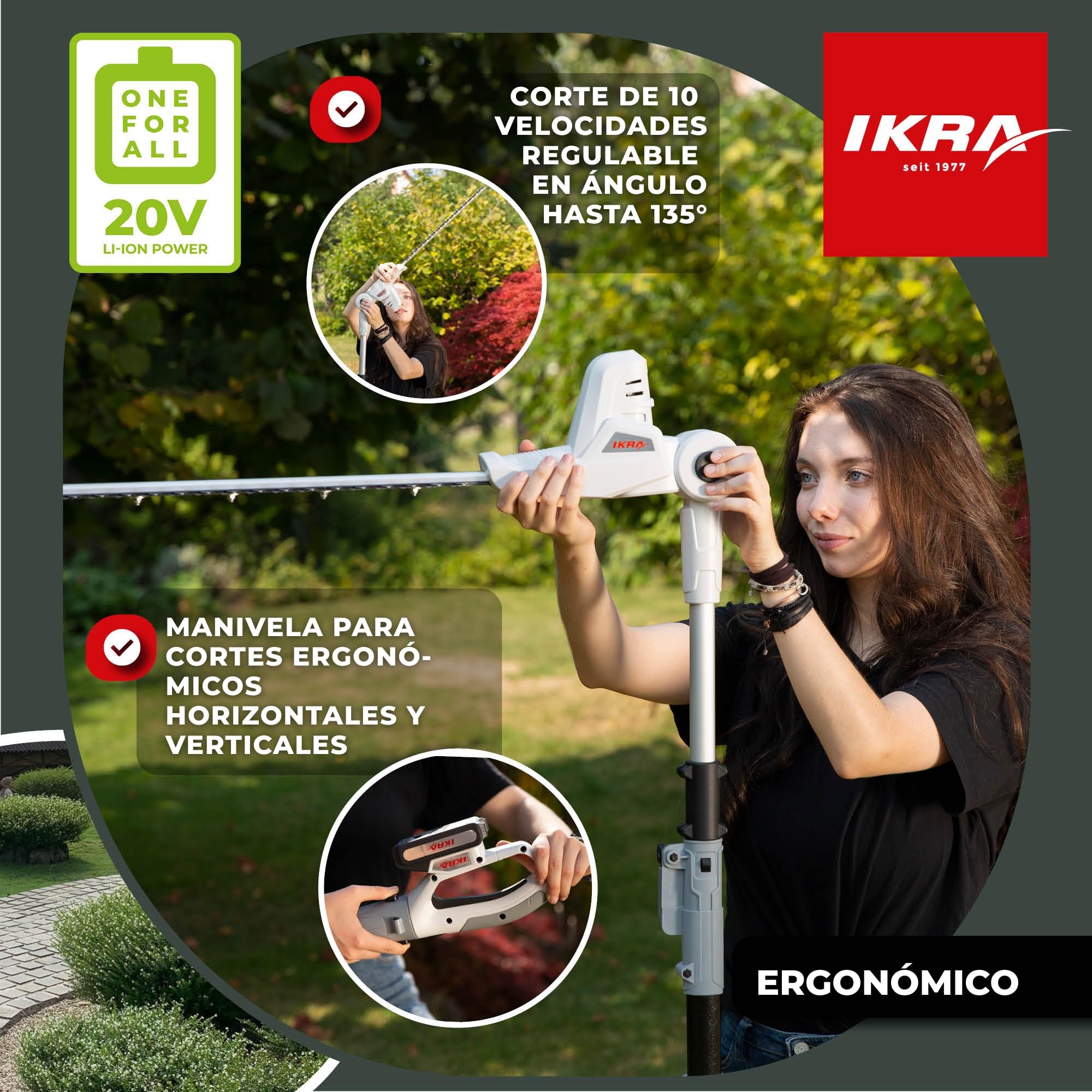 IKRA cortasetos telescópico ICPH 2040 incl. Batería de 20 V, estación de carga de la batería y correa para el hombro