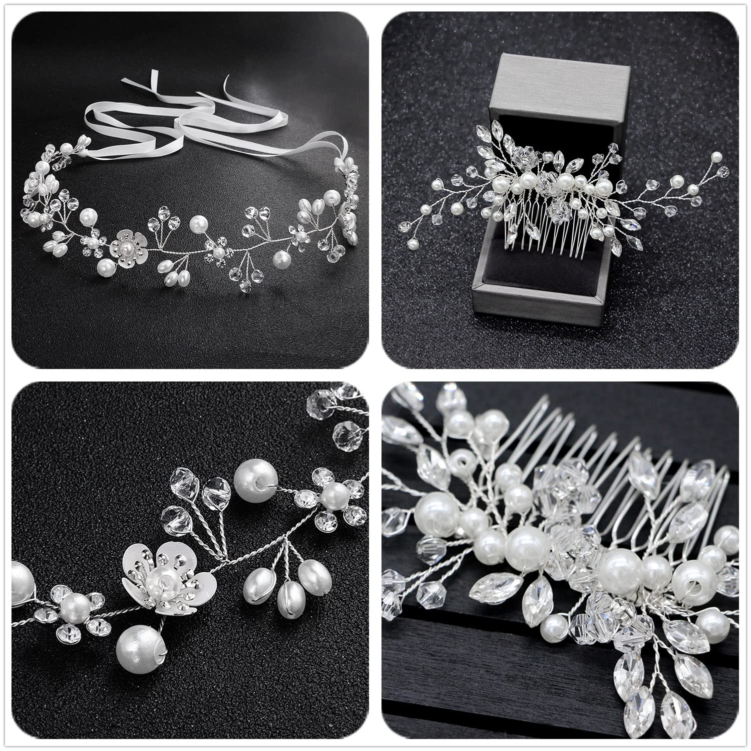 2 Stück Braut Stirnband Haarschmuck Hochzeit Kopfschmuck Vintage Kristall Perle Haarkranz Rebe Stirnbänder Strass, Stirnband Haarschmuck mit Blatt, Kopfschmuck Haarschmuck