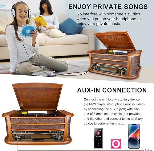 Miniatura 5 de BIGMONAT Tocadiscos todo en uno con altavoces incorporados, reproducción inalámbrica, tocadiscos de 3 velocidades, tocadiscos de vinilo caoba,