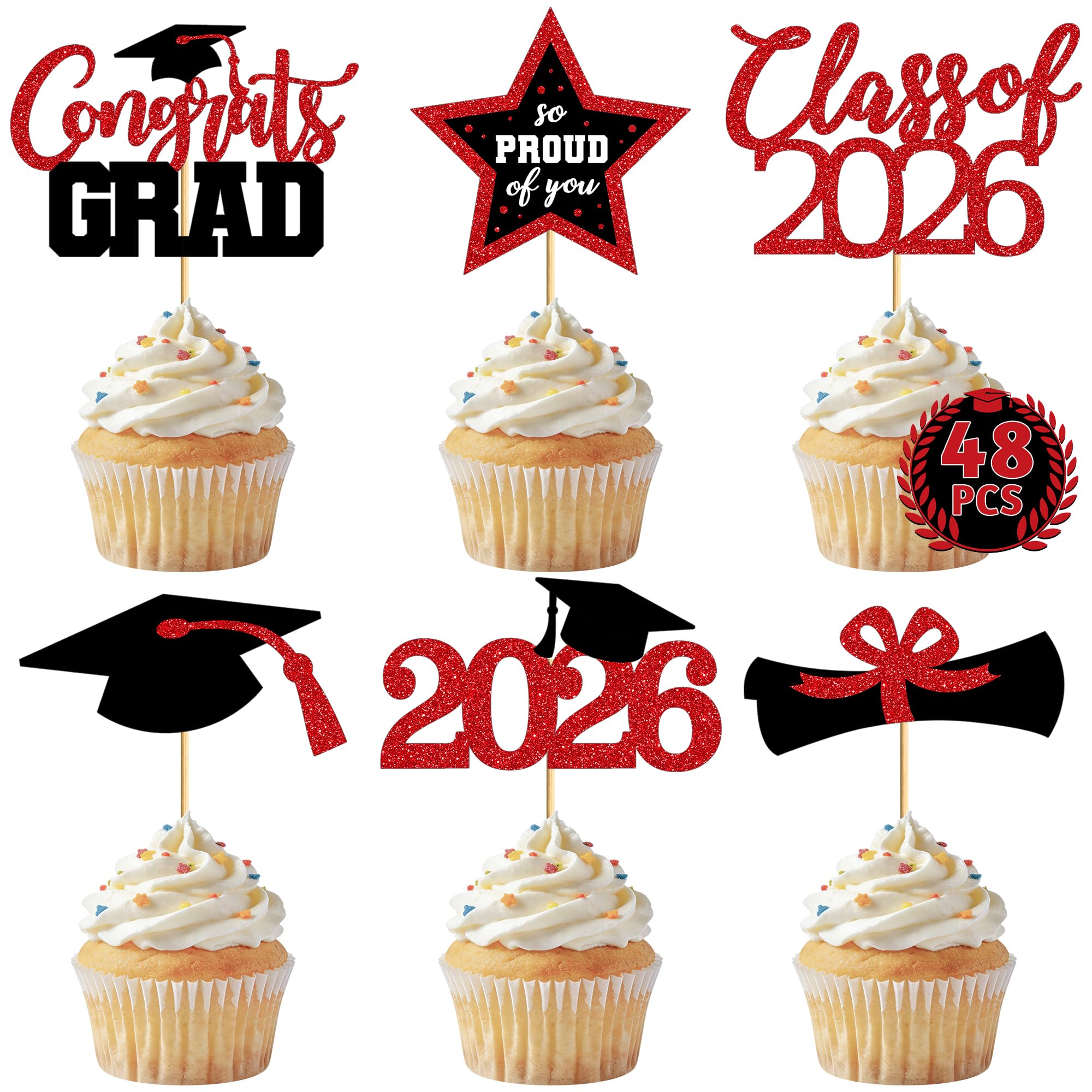 48 PCS Graduation Cupcake Toppers, Glittery 6 Styles Congrats Grad Cake Topper, Black and Red Graduation Decorations 2026, Cap and Diploma Cake Picks for Grad Party Supplies