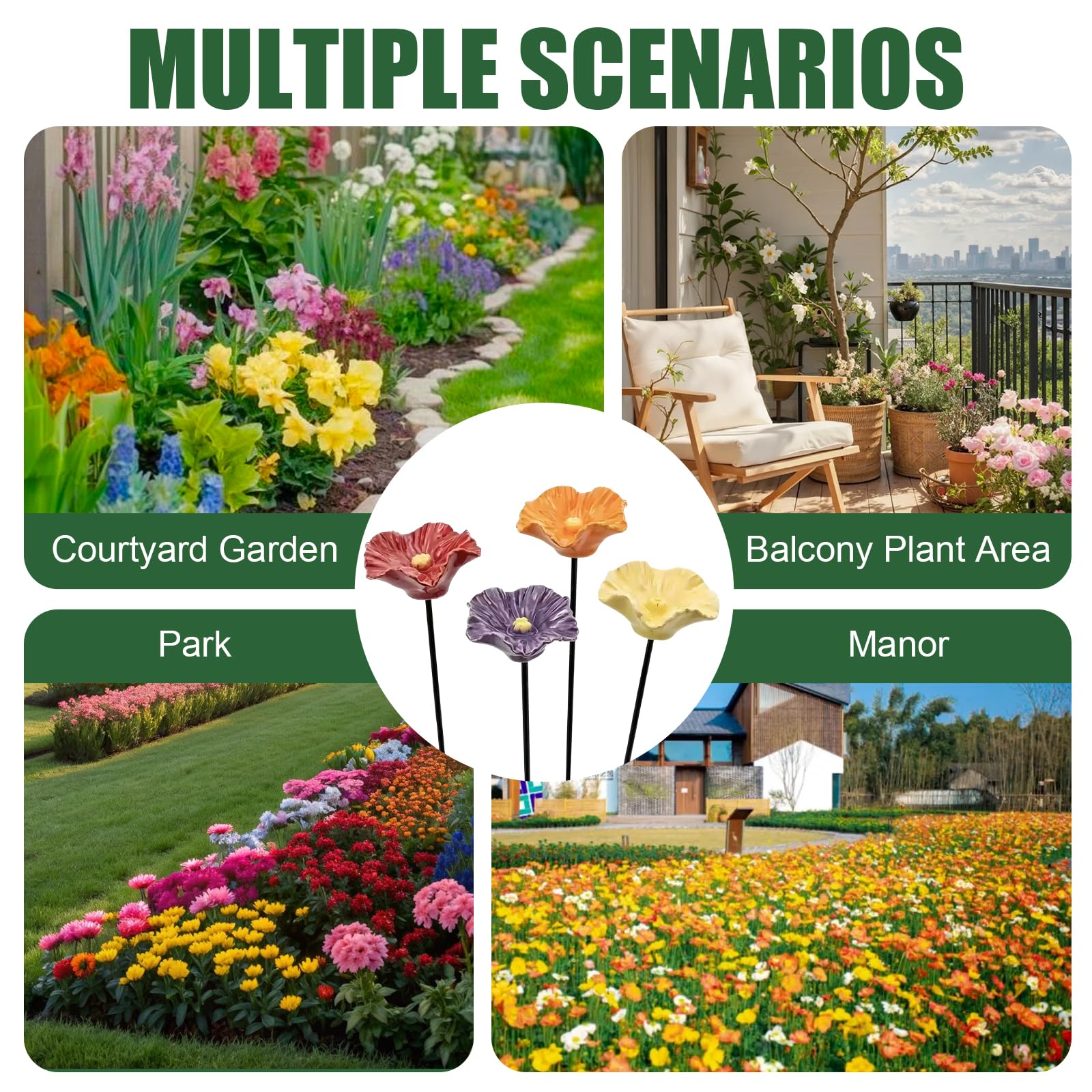 Keramik Vogeltränke Blumenform, 4er-Set mit Erdspieß, wetterfest & frostsicher, Vogelbad & Insektenwasserstelle für Bienen, Insekten und Vögel, Gartendekoration für Garten, Beet & Balkon (8er-Set)