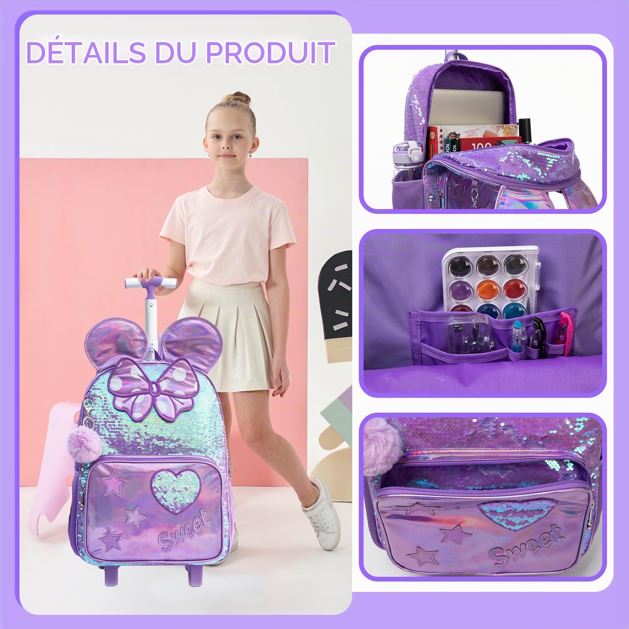 HTgroce Cartable a Roulette Fille, Sac Dos roulettes pour Filles Primaire Scolaire Cartable Roulette Fille CP,CE1,CE2