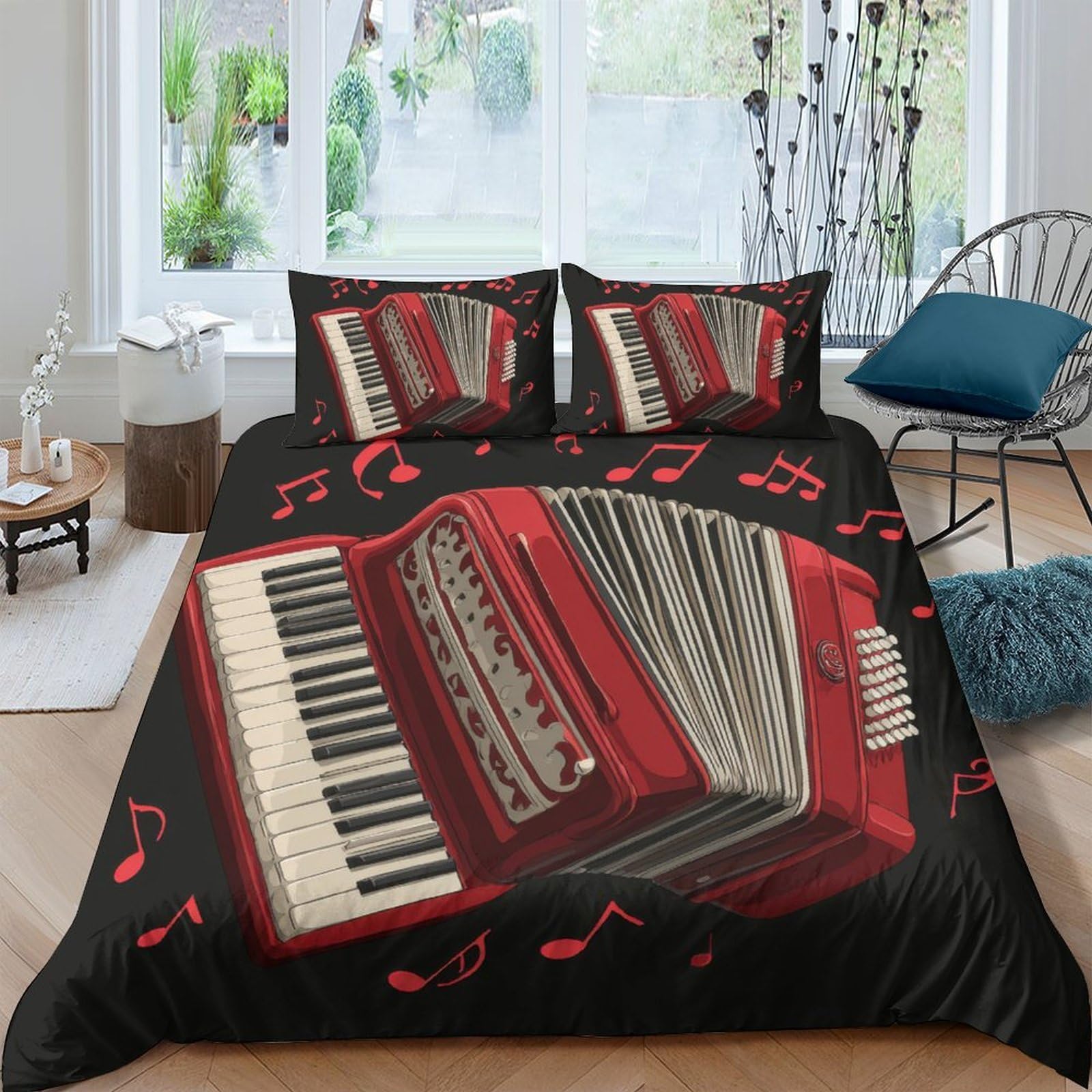TUFRTGYHN 3D Printed Red Accordion Duvet Cover Microfiber Soft Breathable Musical Notes Bedding Set with 2 Pillowcases for Bedroom Decor Single（135x200cm）