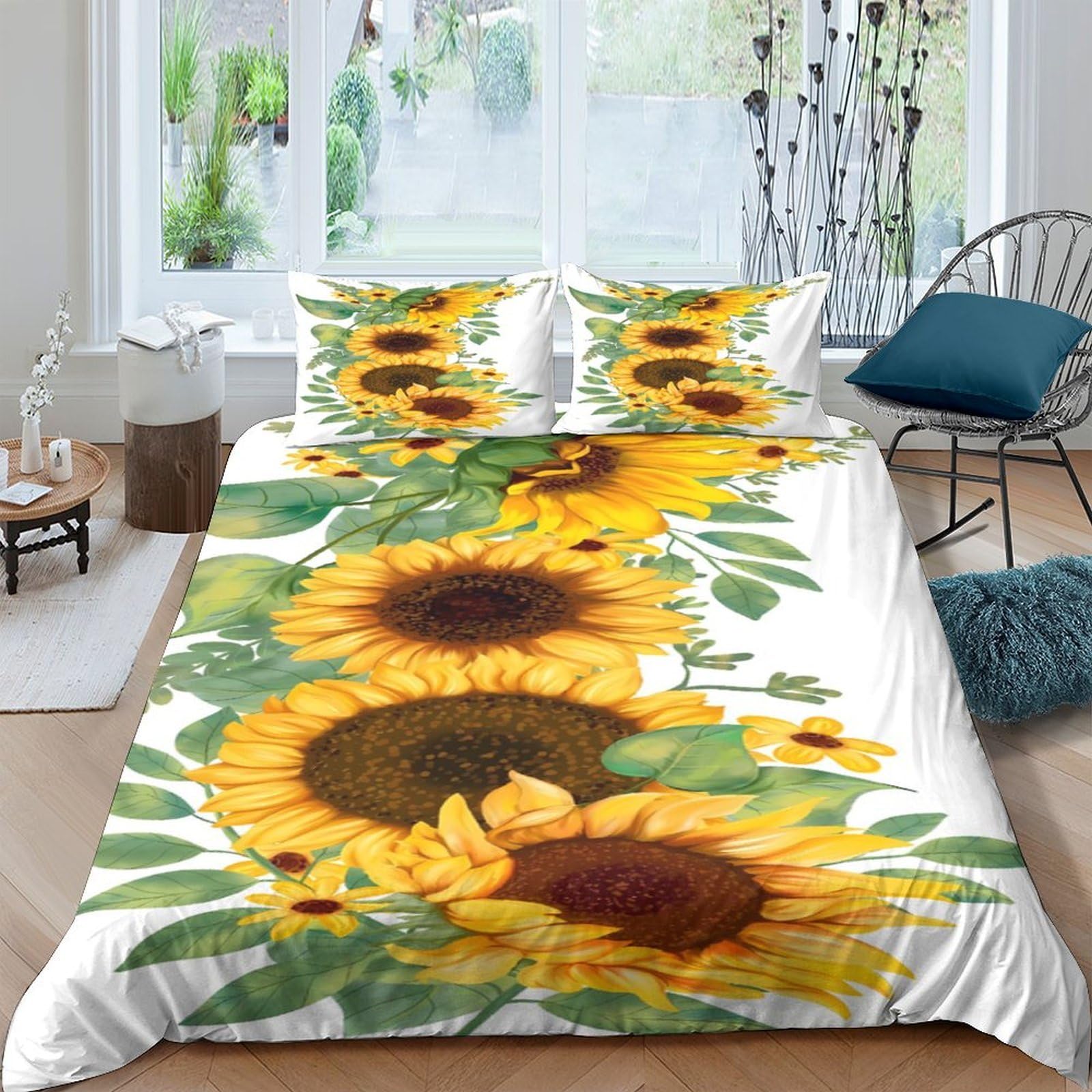 P5V6M1Q9 3D Printed Sunflower Duvet Cover Microfiber Soft Breathable Floral Bedding Set with 2 Pillowcases for Bedroom Decor Single（135x200cm）