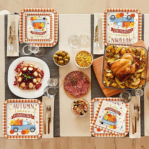 Miniatura 8 de Kit de suministros para fiestas temáticas de otoño, sirve para 25: juego completo de vajilla desechable de cosecha de otoño, incluye cena y platos,