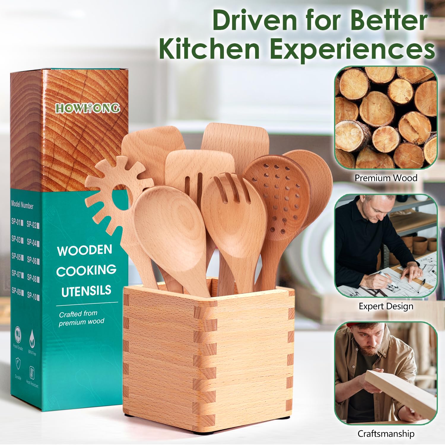 Kitchen - Juego de utensilios de cocina de madera de haya de 8 piezas, cucharas de cocina de madera con espátula, skimmer, cuchara de pasta y volteador, herramientas de cocina de madera duraderas