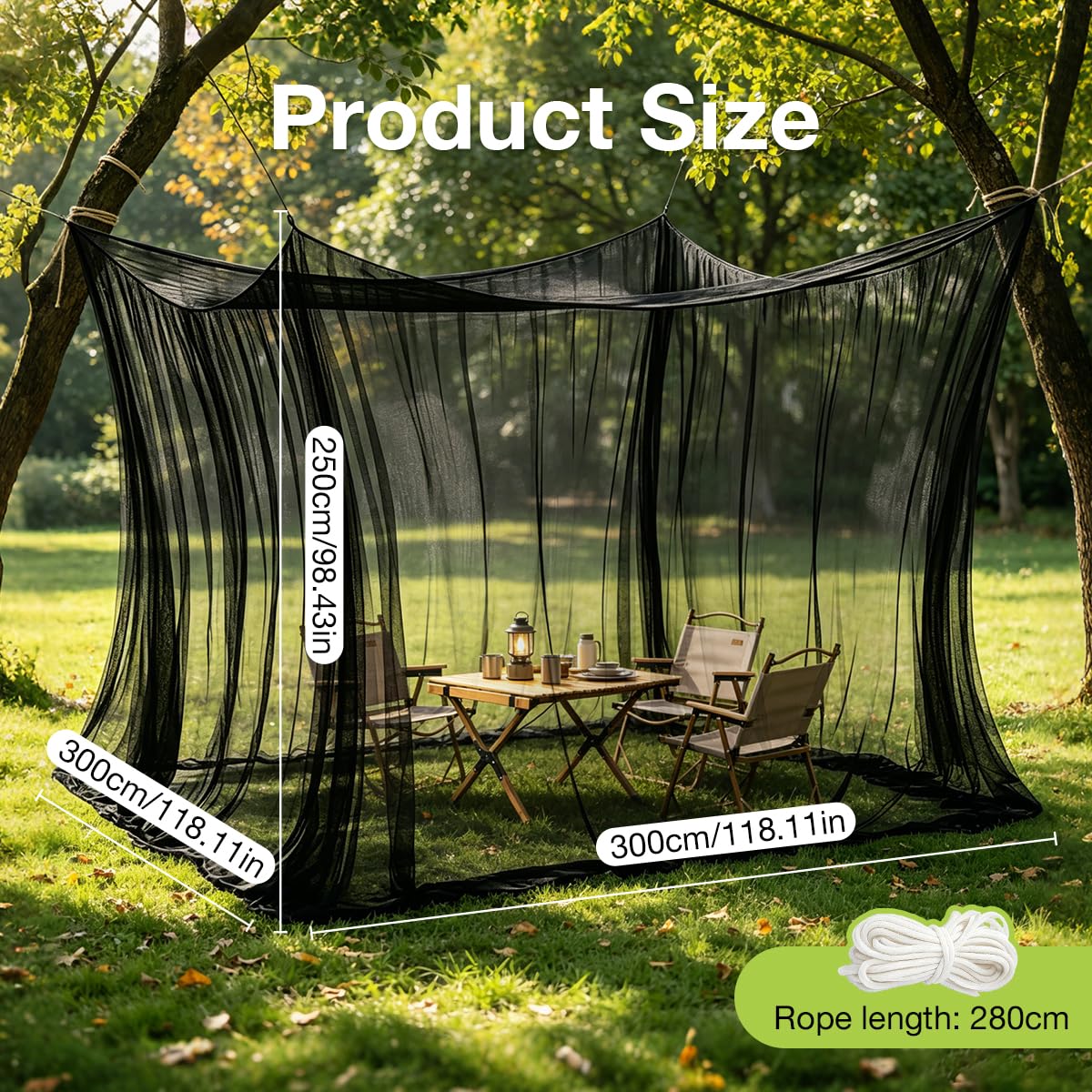 Mosquitera Jardín 3m x 3m, Mosquitera Exterior Grande XXL para Cenador, Camping y Terraza, Red Antiinsectos Transpirable de Alta Densidad con Cuerdas de Fijación (Black)
