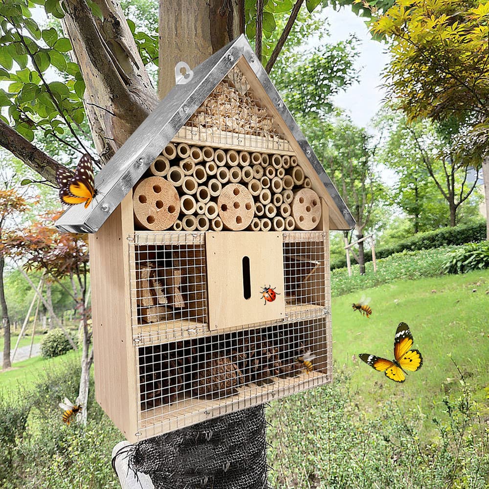 Hotel De Insectos para Exterior Colgar, Casa De Insectos De Madera para La Decoración del Jardín Arbol, Casita Insectos con Techo Metalico Y Gancho, para Abeja Mariposa Mariquitas Vivas Insectos