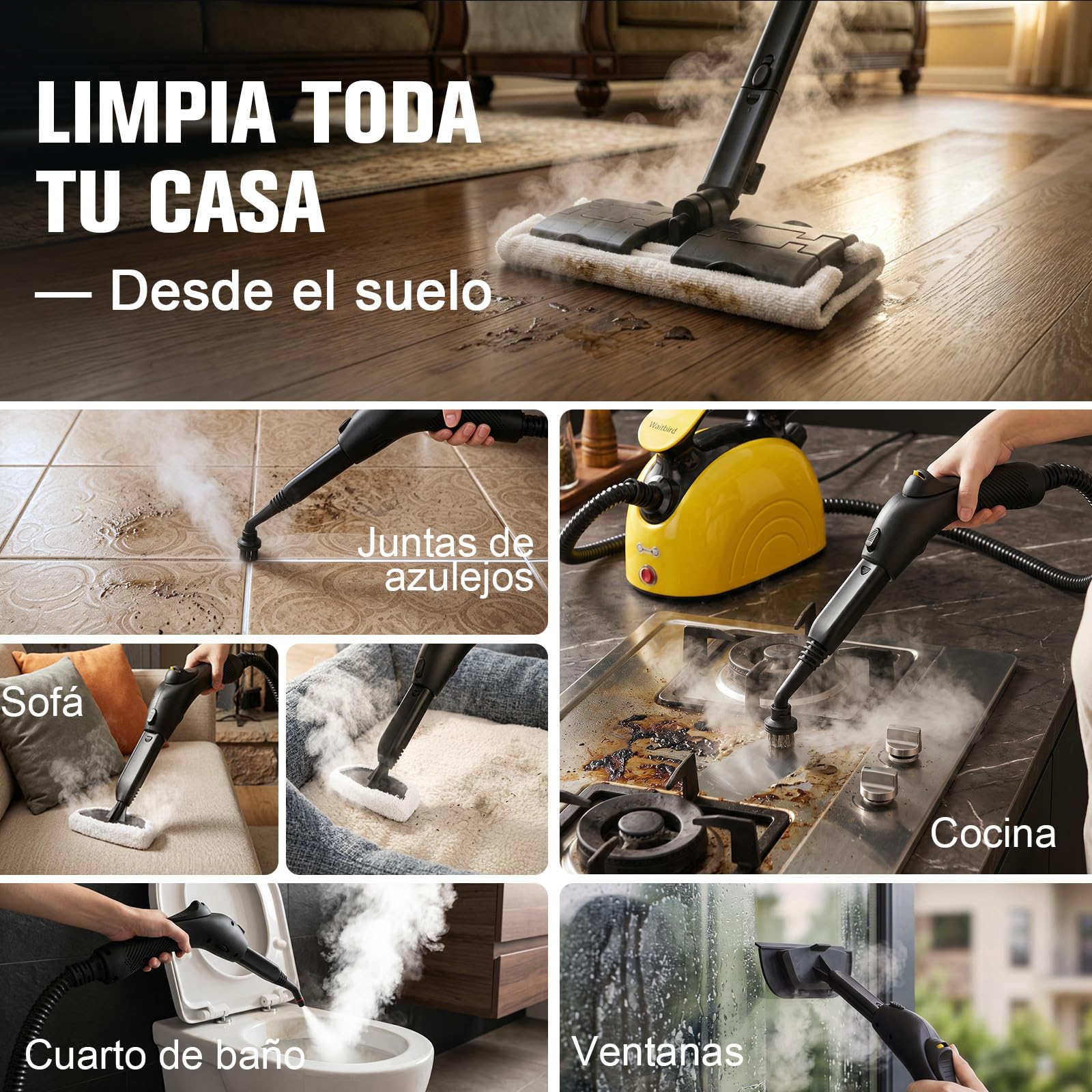 Waitbird Limpiador de vapor de mano para el hogar, 4,5 bar, 120 °C, vapor caliente, 1500 W | 21 accesorios | Sin productos químicos para suelo, coche, pared, juntas, cocina y baño | doble bloqueo de seguridad