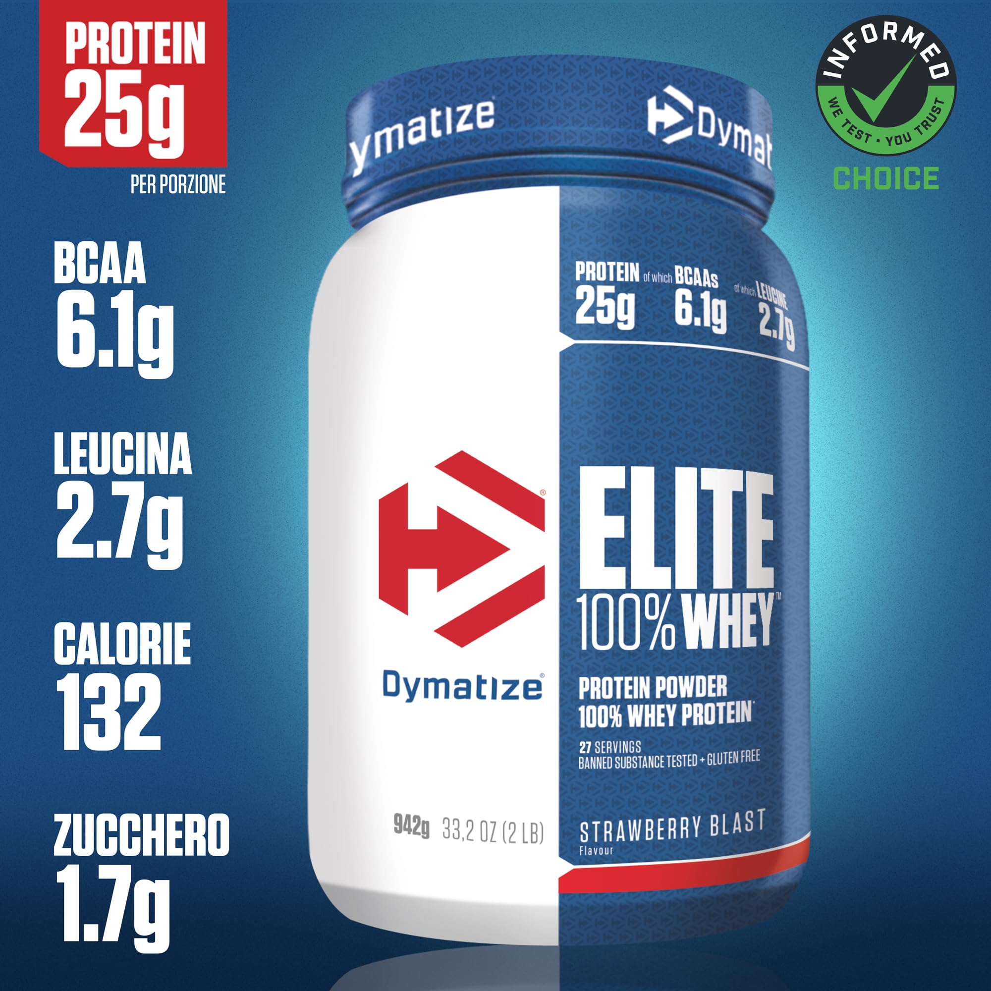 Dymatize Elite 100% Whey Strawberry Blast 942g - Polvere ad alto contenuto di proteine e basso zuccheri del siero latte BCAA