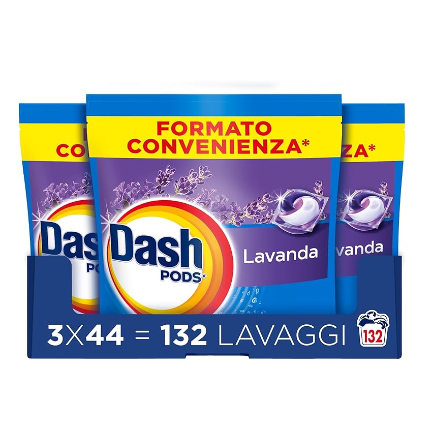 Dash Pods Detersivo In Capsule, 132 Lavaggi (3x44), Lavanda, Rimuove Le Macchie, Igienizza, Dona Freschezza, Brillantezza Per I Capi